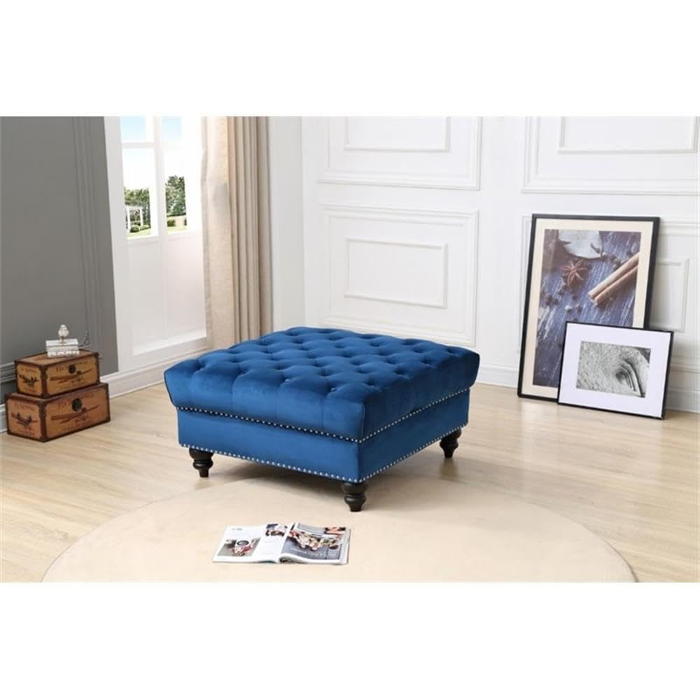 Navy Blue Velvet Ottoman - Glory Furniture Nola Collection | Stylish Footrest & Extra Seating for Living Room, Bedroom & Office