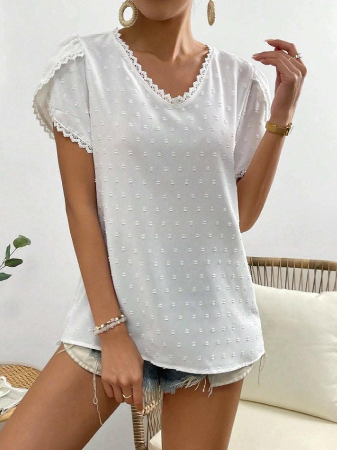 Elegant Lace V-Neck Blouse with Polka Dots - Women's Fashion Top for Office, Party & Date Night