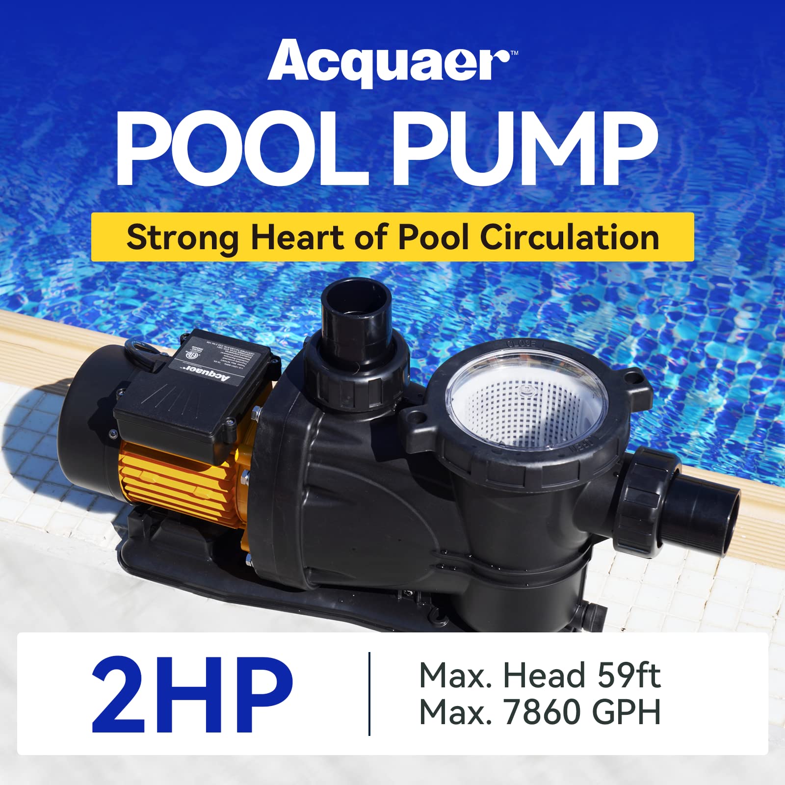 **Acquaer 2 HP High-Performance Pool Pump – 7860 GPH, 115V for Above & Inground Pools – Energy-Efficient Single Speed Self-Priming Pump with Strainer Basket – Ideal for Swimming Pool Maintenance & Water Circulation**
