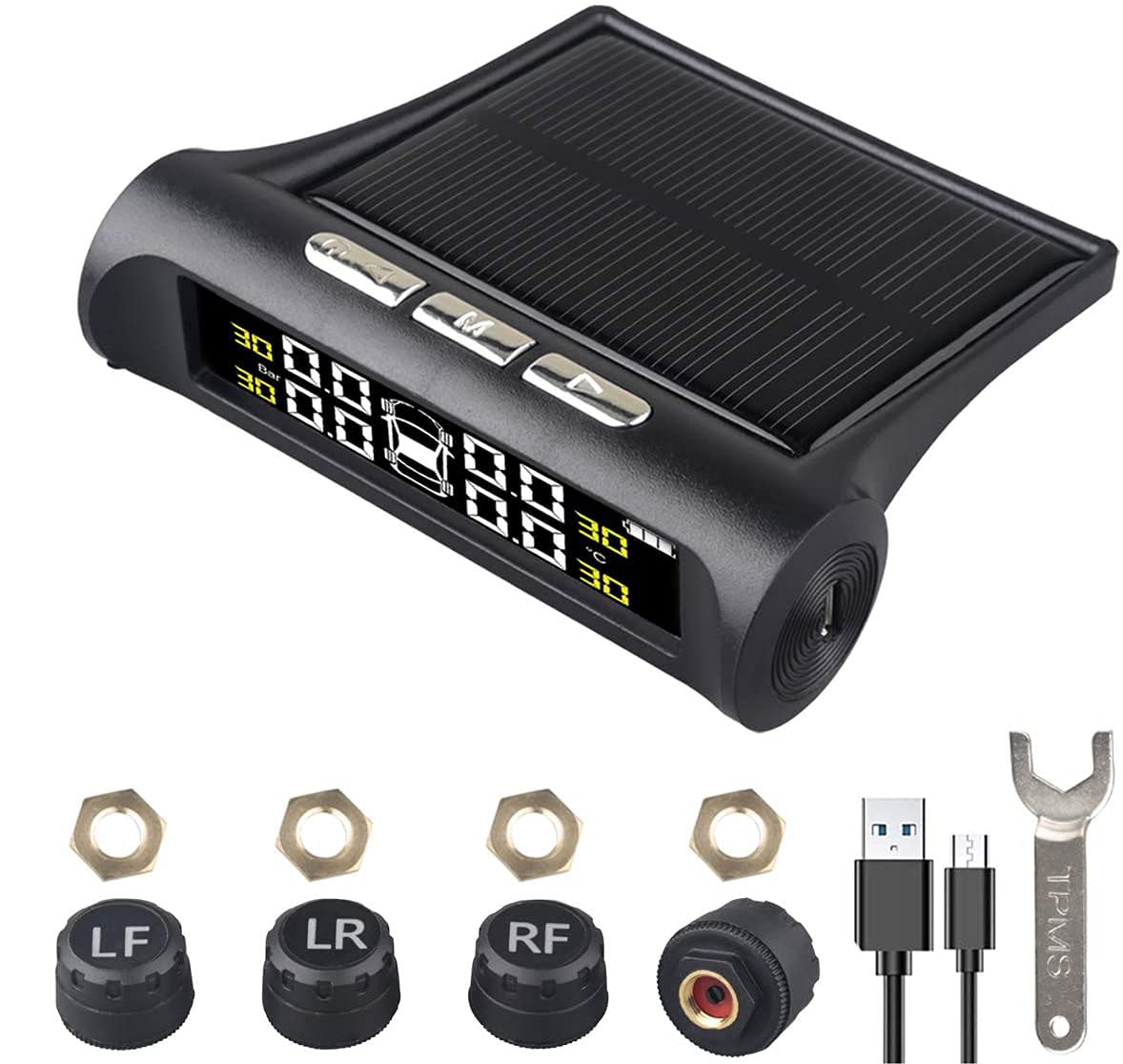 Solar-Powered Wireless Car Tire Pressure Monitoring System (TPMS) - Universal Waterproof External Sensors with 6 Modes, Real-Time Pressure & Temperature Alerts for RV, Trailer & Vehicles - Perfect for Long Road Trips & Heavy Load Safety
