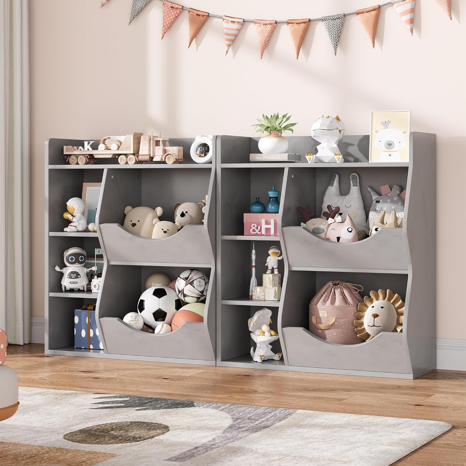 Kids 3-Tier Toy Storage Organizer & Bookshelf - Double-Sided Gray Toy Shelf with 5 Compartments for Bedroom, Nursery & Playroom - Perfect for Organizing Toys, Books & School Supplies