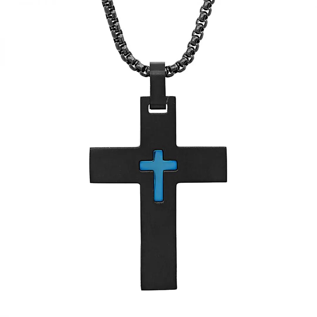 SteelTime Men's Black & Blue IP Stainless Steel Cross Pendant Necklace - Durable Waterproof Jewelry for Daily Wear, Gifts & Religious Occasions