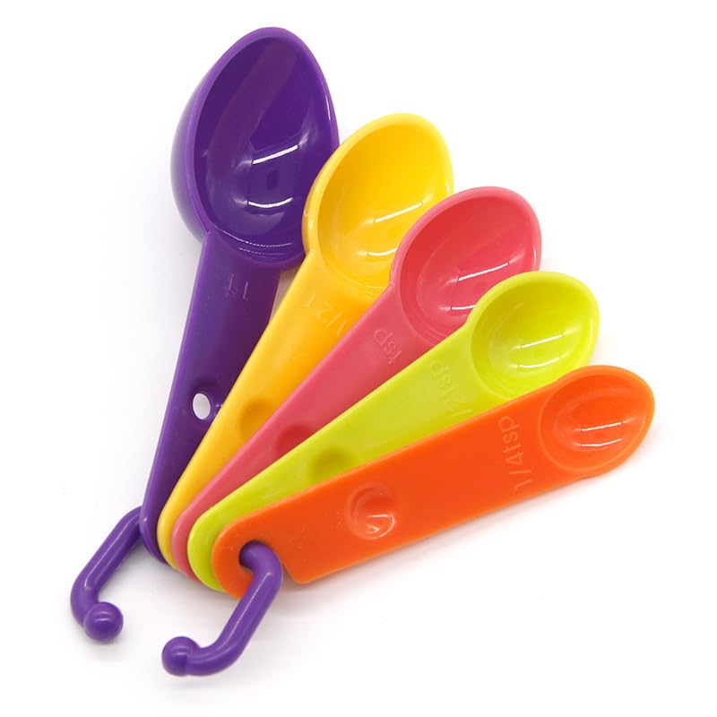 KOOSHLO 5-Piece Plastic Measuring Spoons Set for Cooking & Baking - Accurate Dry & Liquid Measurement Tools, Spice Jar Compatible, Colorful Kitchen Essentials - Perfect for Baking, Meal Prep, and Spice Organization
