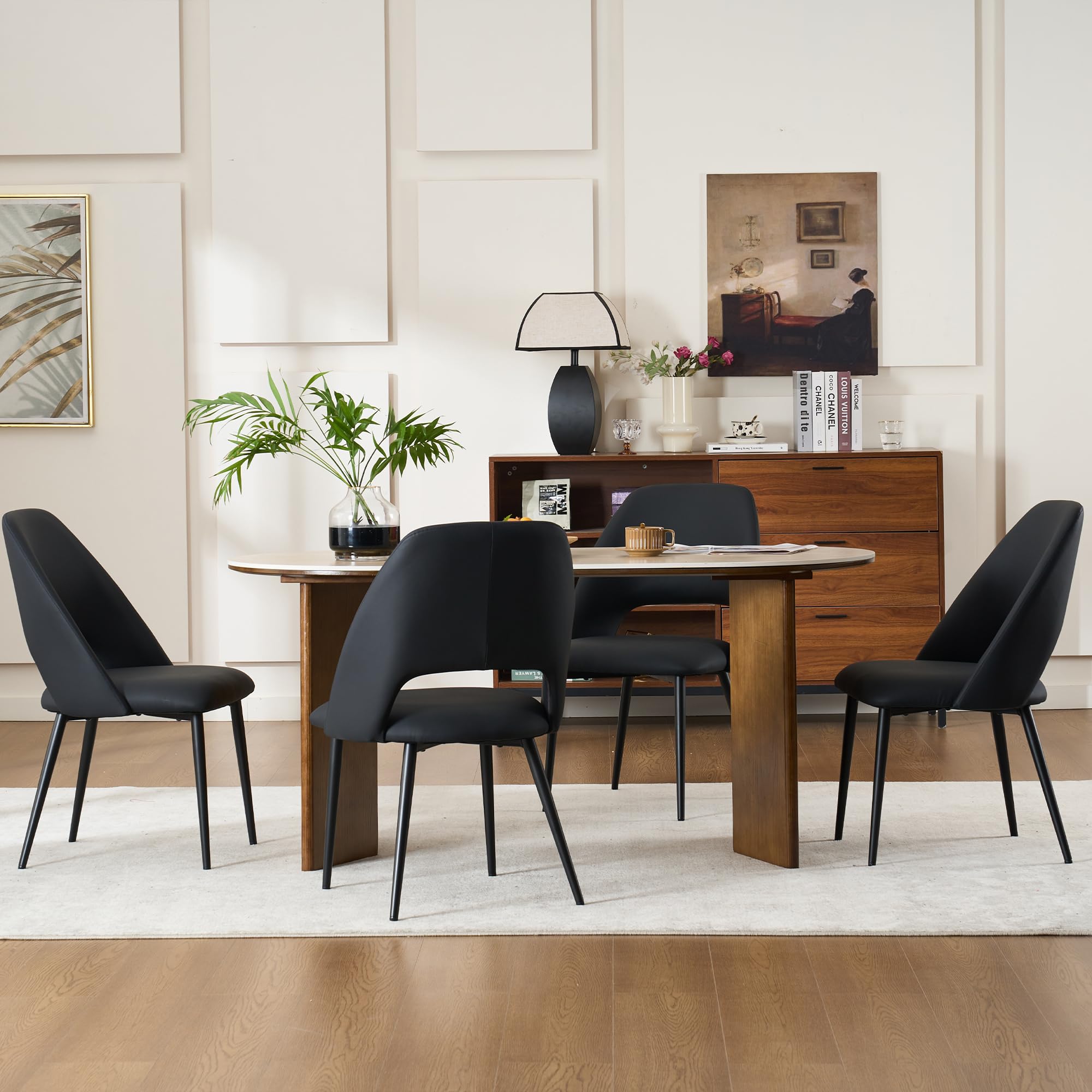 Rowill Mid Century Modern Dining Chairs Set of 2 - Black Faux Leather Upholstered Kitchen Chairs with Metal Legs for Dining Room, Living Room & Bedroom - Perfect for Small Spaces & Modern Home Decor