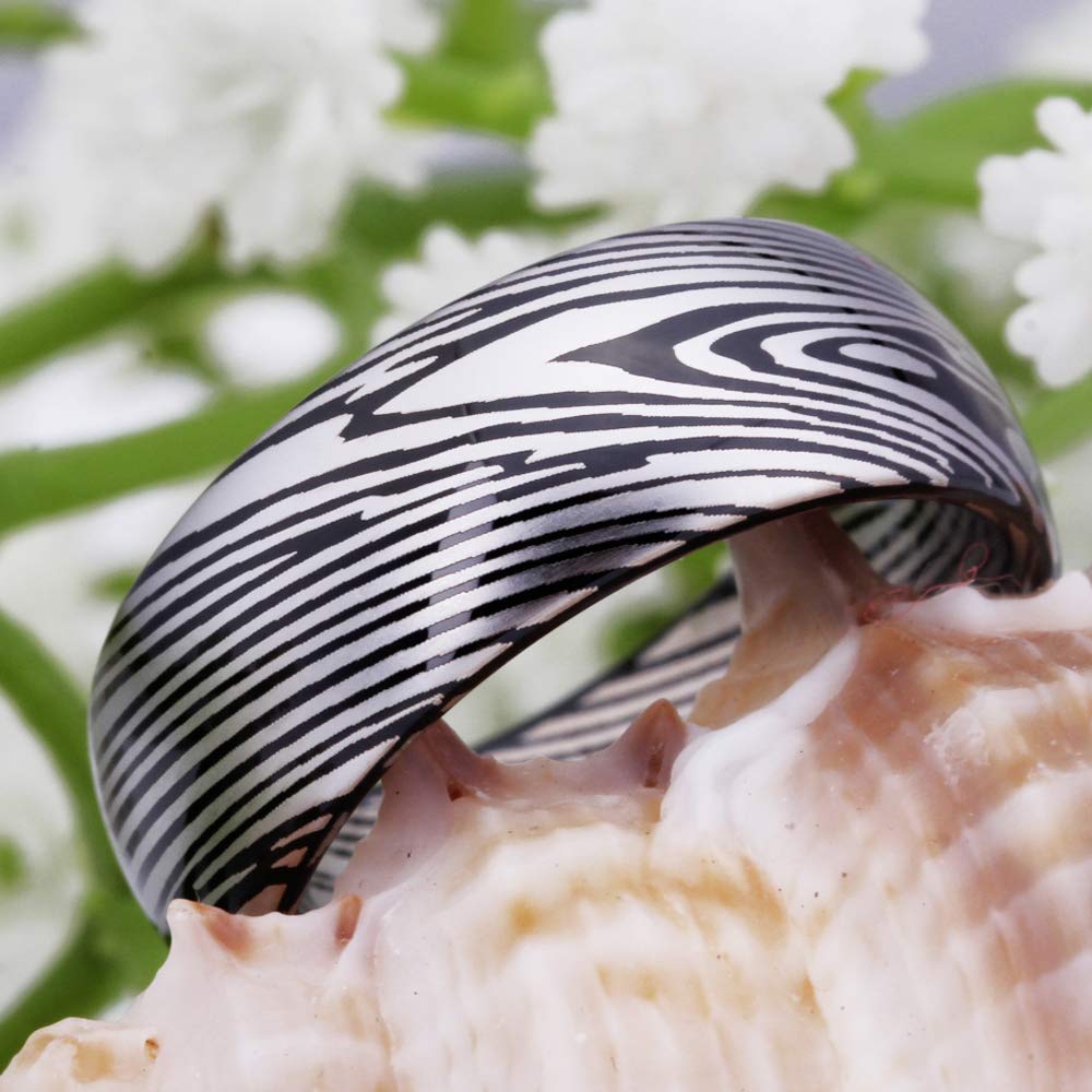 Premium Damascus Steel Wedding Band for Men - 8mm Black Polished Tungsten Carbide Dome Ring with Custom Engraving - Perfect for Engagement, Anniversary & Special Occasions - Durable & Scratch-Resistant Jewelry Gift