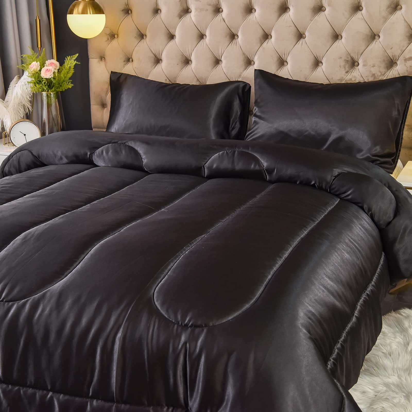Luxury Satin Comforter Set - Black King Size Down Alternative Bedding | Silk-Like Softness | 1 Comforter + 2 Pillowcases | Perfect for Master Bedroom & Guest Room Decor
