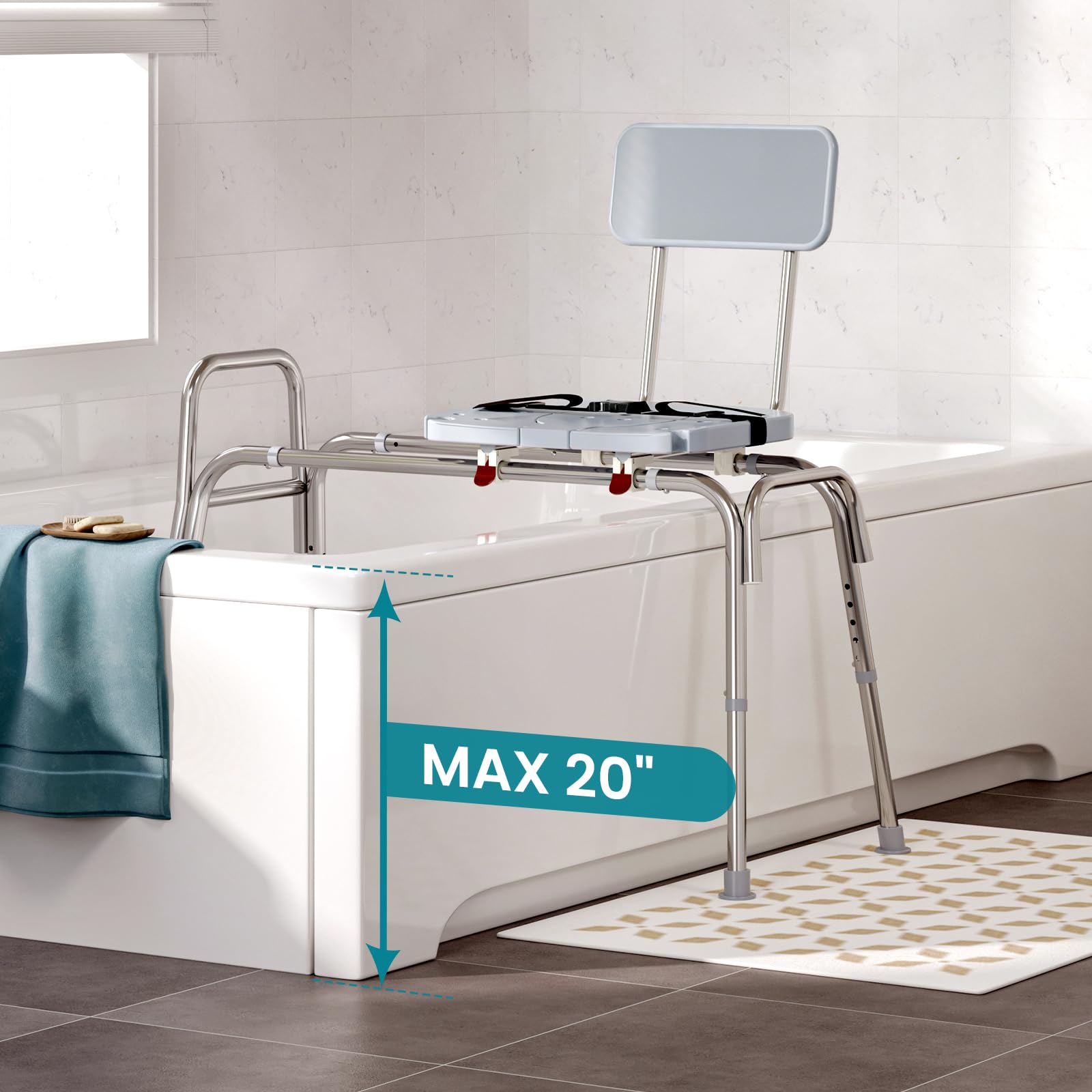 Adjustable Height Sliding Shower Chair with Non-Slip Aluminum Frame & Safety Belt - 400Lbs Capacity Shower Transfer Bench for Elderly & Handicap - Ideal for Bathroom Safety, Assisted Showering & Mobility Support