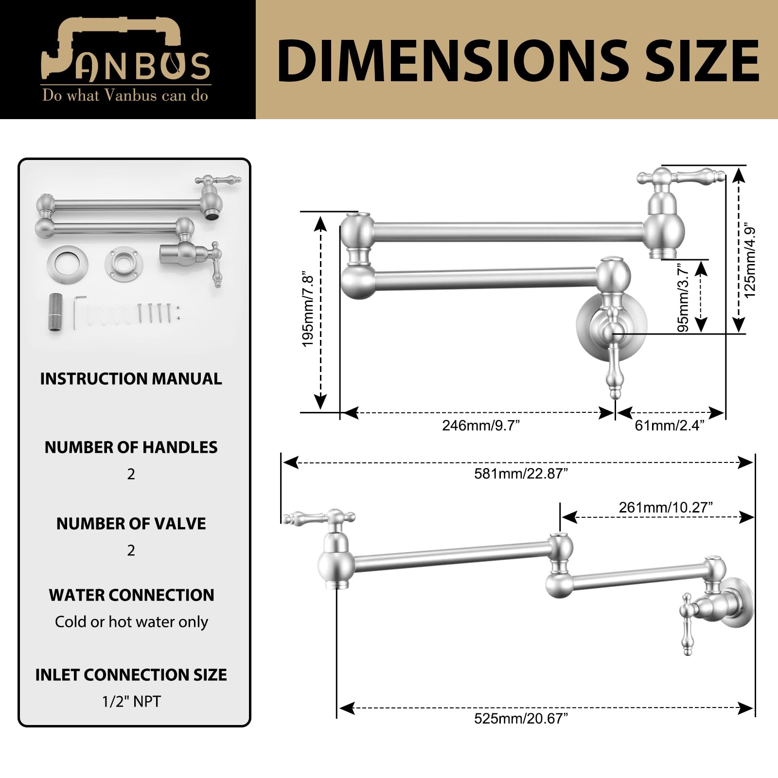 Brass Pot Filler Faucet - Brushed Nickel Wall Mount Commercial Kitchen Faucet with Double Joint Swing Arms for Stove - Perfect for Home & Restaurant Cooking, Soup Making, Pasta Preparation