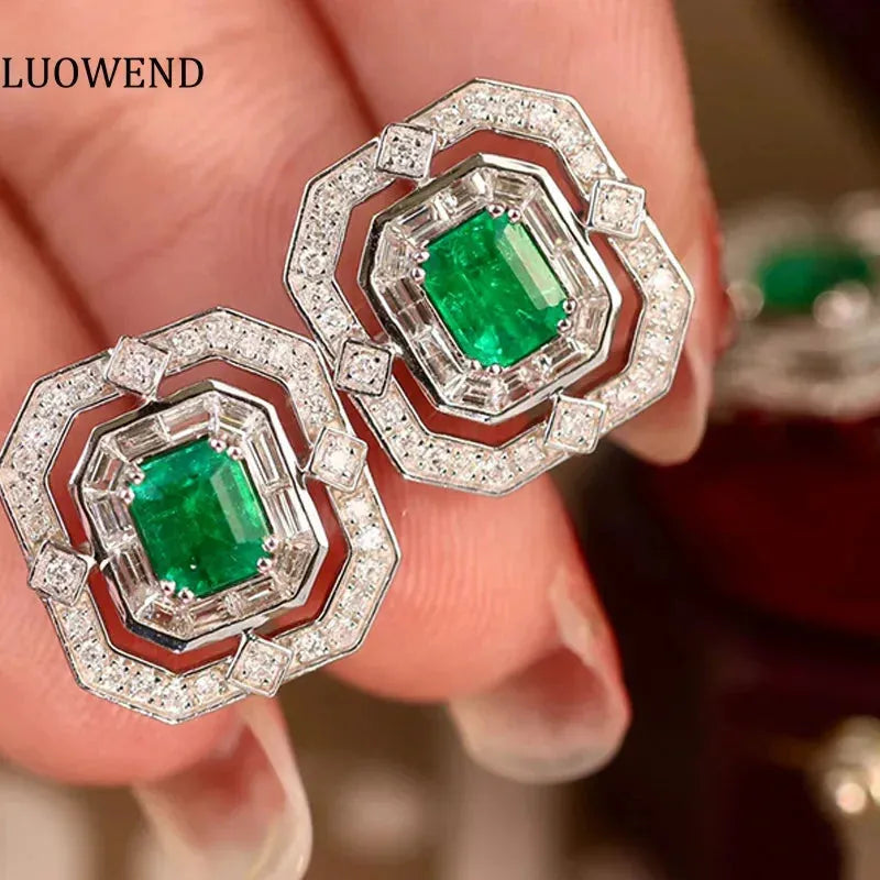 18K White Gold Earrings with Real Natural Emerald and Diamond - Classic Elegant Jewelry for Women's Engagement, Party & Special Occasions