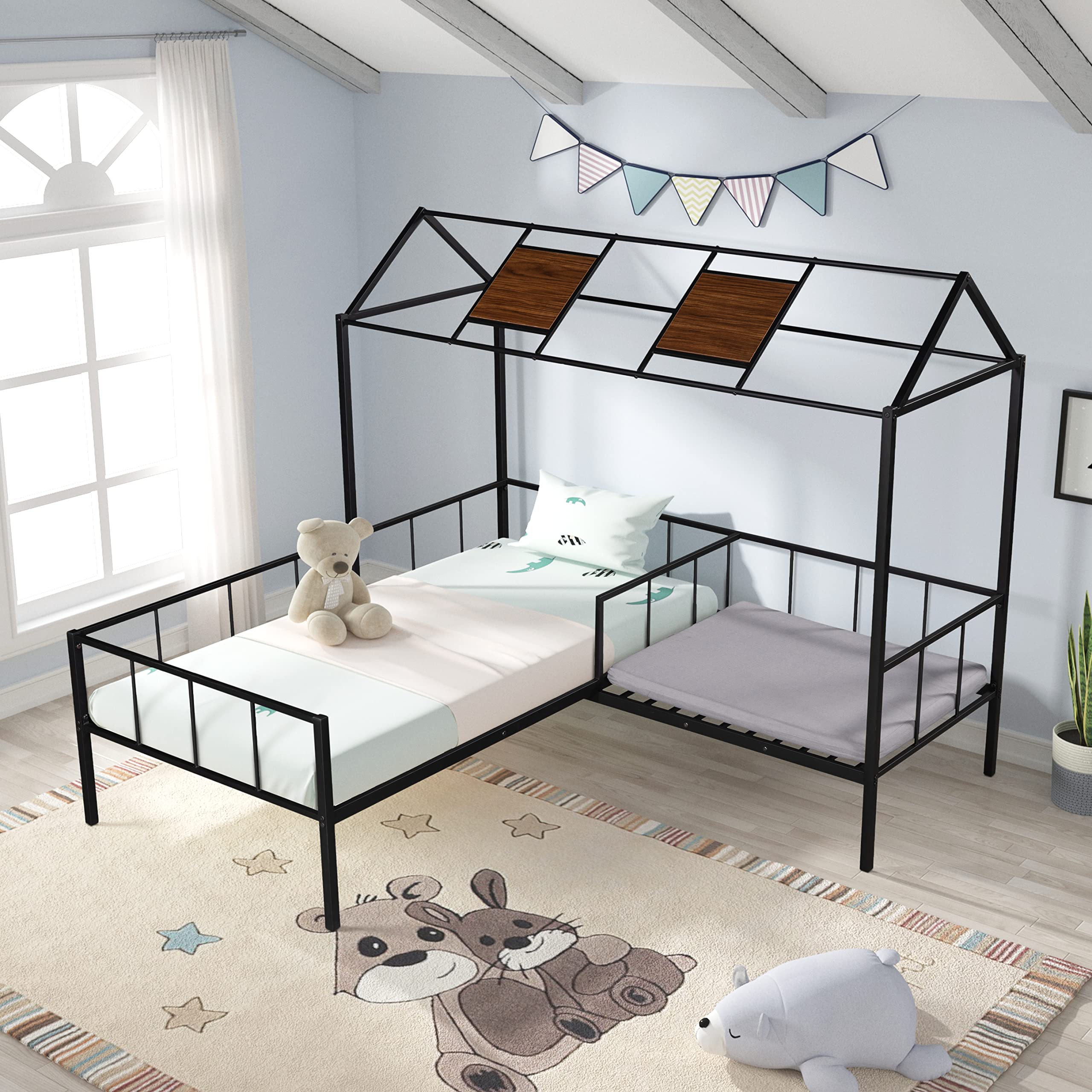 Metal Twin Size House Bed for Kids with Relaxing Seating Area & Free Cushion - House-Shaped Twin Bed Frame for Girls & Boys in Black - Perfect for Bedrooms, Playrooms & Nursery Decor