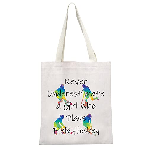 MEIKIUP Field Hockey Tote Bag - Large Sports Gift for Female Hockey Players, Durable Travel Makeup Bag with Inspirational Quote 'Never Underestimate a Girl Who Plays Field Hockey' - Perfect for Practice, Games & Team Travel