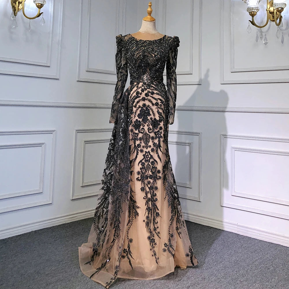 Elegant Muslim Brown Luxury Evening Dresses for Women 2025 - Beaded Mermaid Gown with Overskirt | Perfect for Weddings, Parties & Formal Events | LA71610