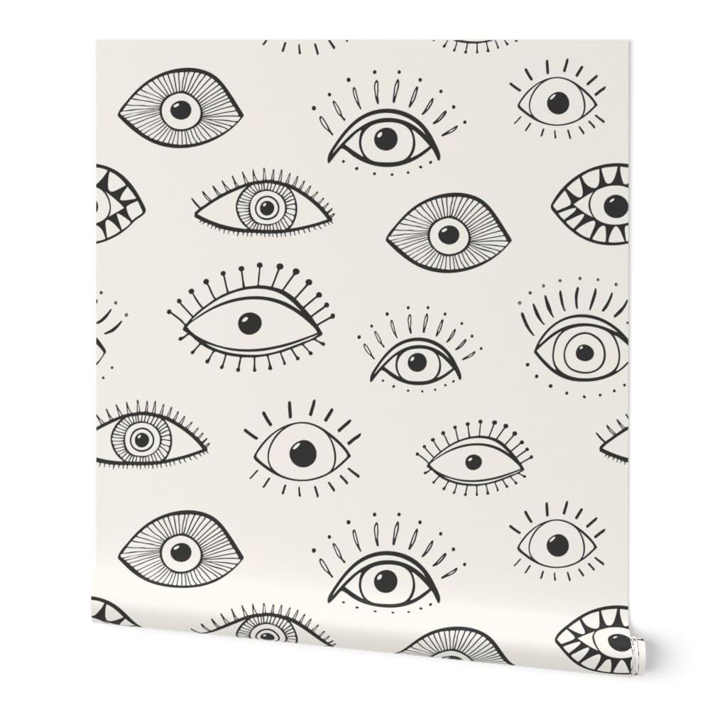 Premium Commercial Grade Wallpaper Roll - 27ft x 2ft Modern Hand-Drawn Evil Eye Design in Black, Cream & White | Traditional Boho Decor for Living Room, Bedroom & Office | Spoonflower
