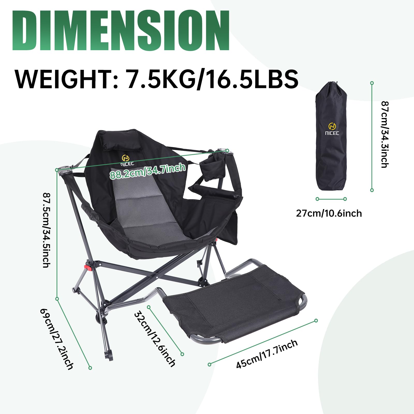 Premium Hammock Camping Chair with Stand - Heavy Duty Rocking Swivel Chair with High Back Support, Cup Holder & Side Pockets - Portable Outdoor Lounge Chair for Backyard, Beach, Camping & Patio Relaxation (Black with Footrest)