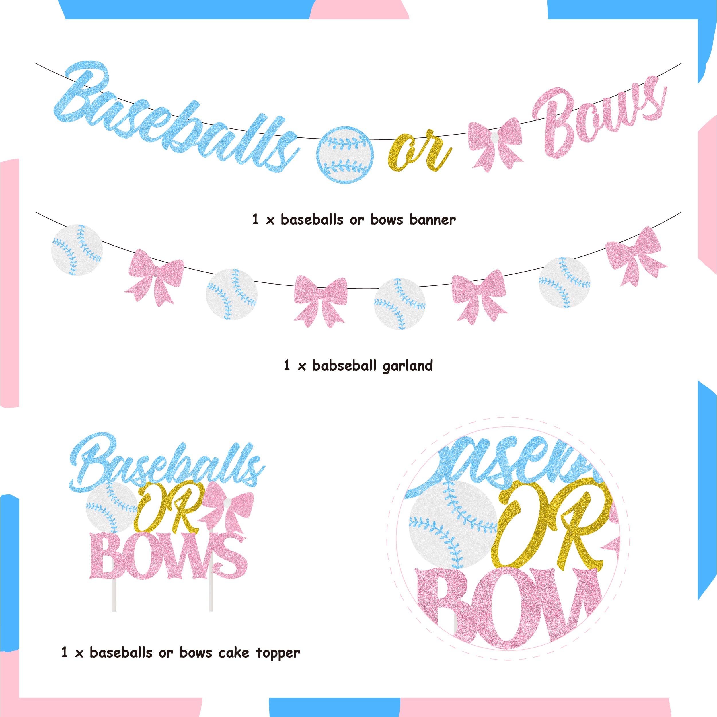 Blue and Pink Baseballs or Bows Gender Reveal Banner - Baseball Themed Cake Toppers for Baby Shower Party & Pregnancy Announcement - Perfect for Gender Reveal Events, Baby Showers, and Nursery Decor