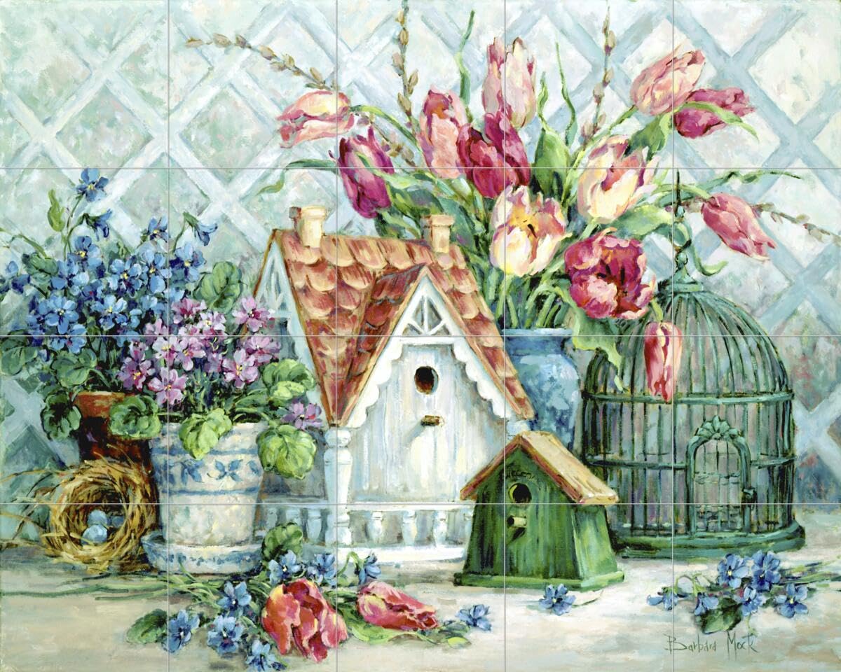 Ceramic Backsplash Tile Mural - Floral Flower Design for Kitchen & Bathroom - Quaint Little Neighborhood by Barbara Mock - Perfect for Farmhouse, Cottage & Vintage Style Home Decor