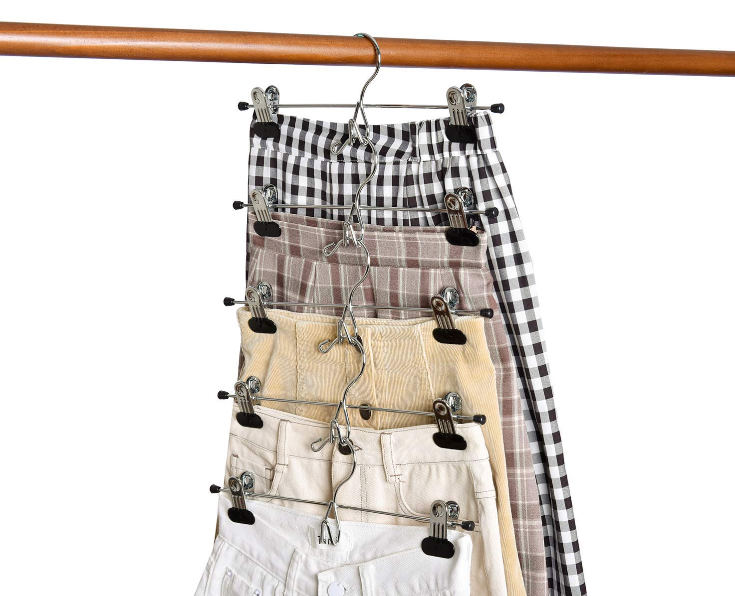 Amber Home 12 Pack Heavy Duty Metal Pants & Skirt Hangers with 2 Adjustable Clips - Stackable Space Saving Cascading Closet Organizer for Jeans, Slacks, Trousers - Perfect for Wardrobe, Closet & Laundry Room Organization