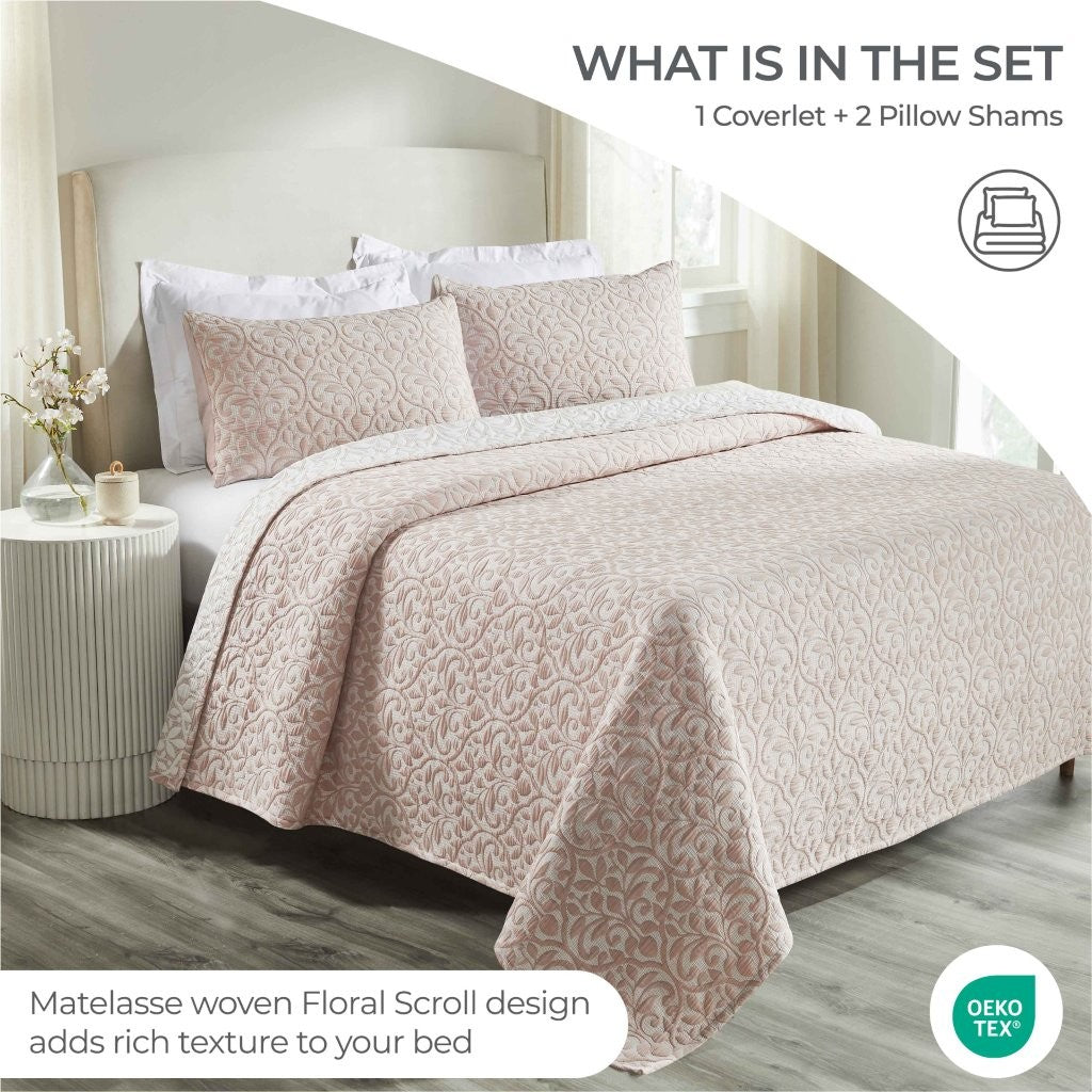 Premium Vineyard Cotton Blend Medium Weight Matelasse Woven Coverlet - Soft Bedspread for Master Bedroom, Guest Room & Luxury Hotels