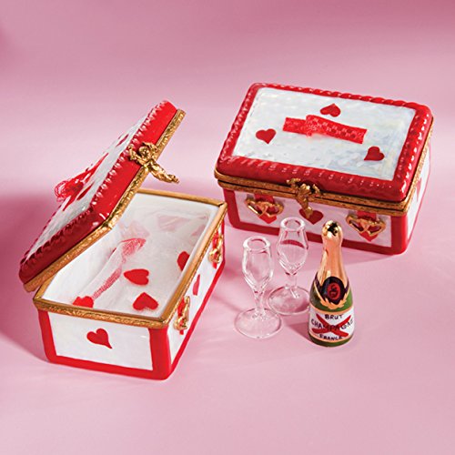 Authentic French Hand-Painted Limoges Porcelain Valentine Trunk Box with Champagne & Glasses - Romantic Gift for Anniversaries, Weddings & Special Occasions