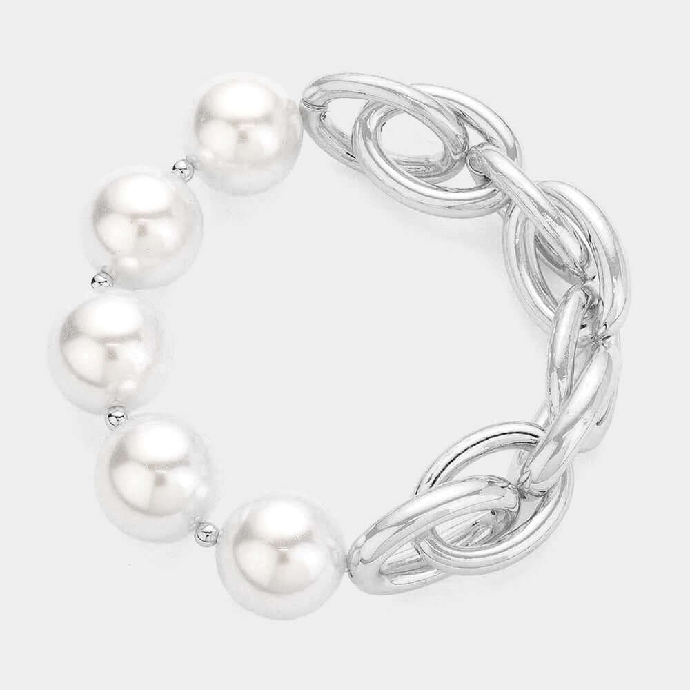 Elegant Cream Pearl & Silver Metal Chain Stretch Bracelet for Women - Perfect for Weddings, Parties & Everyday Wear