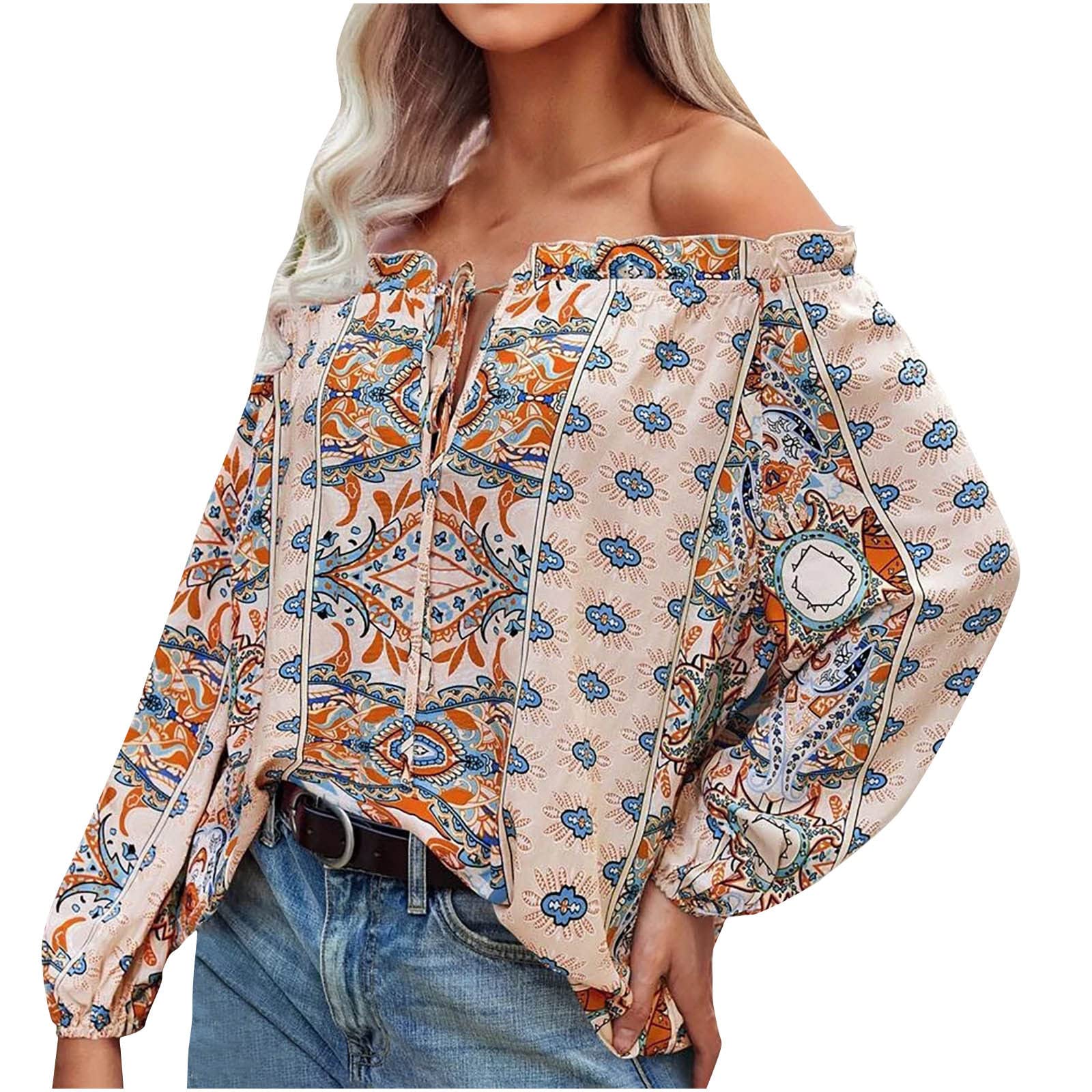 Women's Ruffle Trim Off The Shoulder Blouse - Hawaiian Drawstring Long Sleeve Shirt for Beach Vacation & Summer Holiday | Casual T-Shirt for Date Night, Party & Tropical Getaway