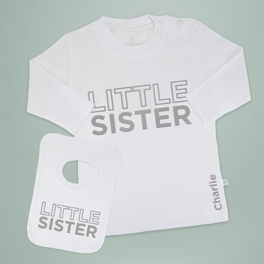 Custom Little Sister Long Sleeve T-Shirt & Bib Gift Set - Perfect for Birthdays, Baby Showers & Sibling Matching Outfits