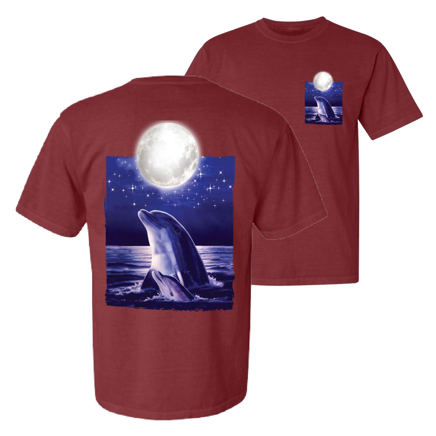 Stylish Nautical Full Moon Bottlenose Dolphin Graphic T-Shirt - Soft Garment-Dyed Short Sleeve Tee for Animal Lovers | Perfect for Beach Outings, Casual Wear & Dolphin Enthusiasts