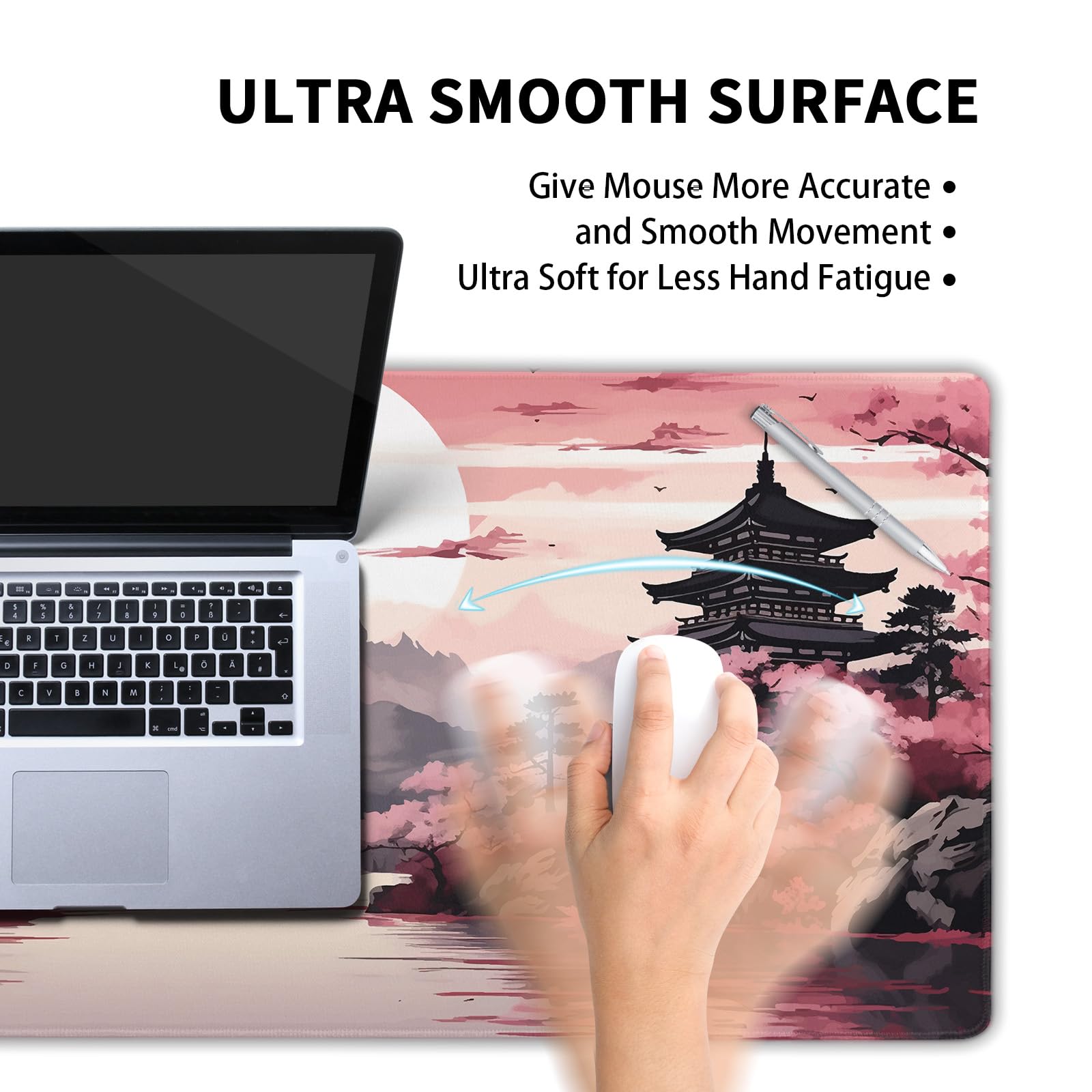 Japanese Sakura Cherry Blossom Gaming Mouse Pad - Pink XL Extended Non-Slip Rubber Base with Stitched Edge (31.5×11.8 in) for PC Gamers | Perfect for Gaming Setup, Office Work & Home Decor