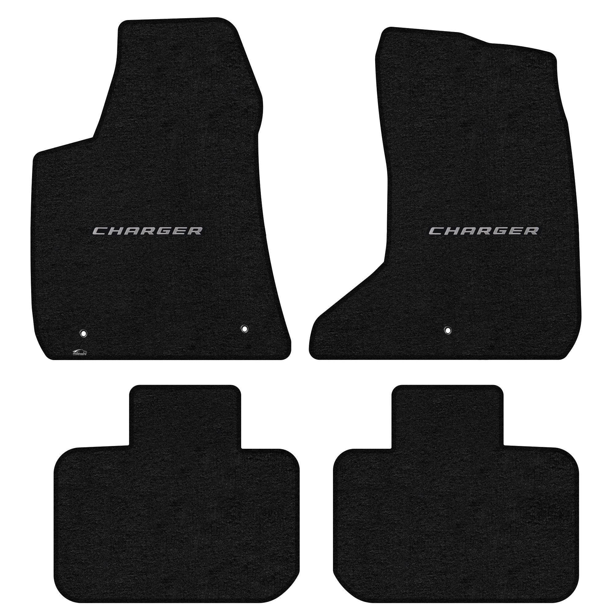 Premium Lloyd Mats Dodge Charger AWD 4-Piece Car Floor Mats - Ebony Velourtex with Silver Charger Logo (Fits 2011 & Newer Models) | All-Weather Protection & Custom Fit for Dodge Charger AWD Sedans