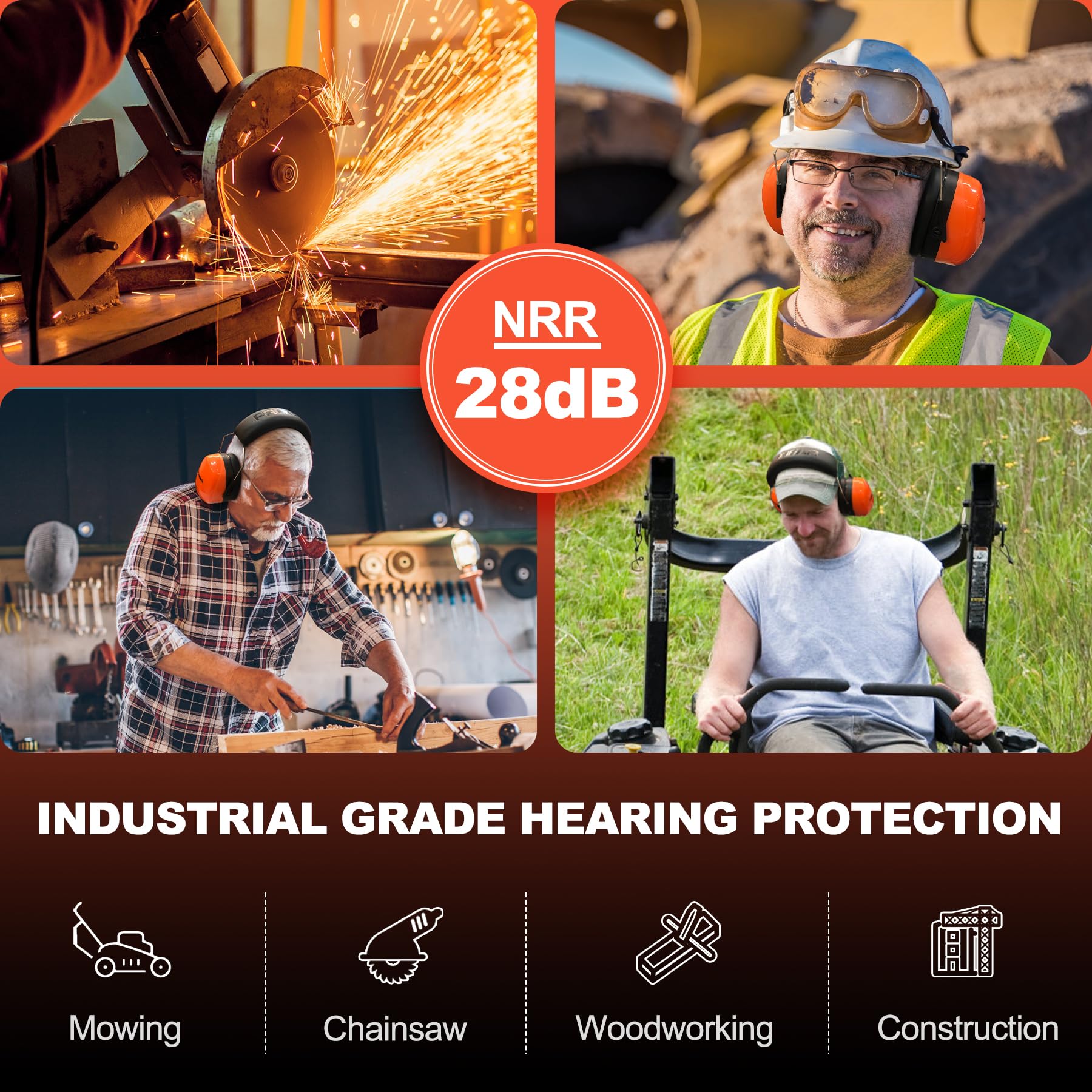 PROHEAR 012 Noise Cancelling Headphones - 28dB NRR Hearing Protection Earmuffs for Construction, Woodworking & Lawn Mowing - Adjustable Safety Ear Muffs for Industrial Work & Outdoor Activities (Orange)
