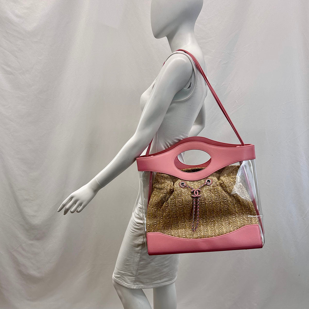 Chanel 31 Quilted Shopping Tote Bag - Pink & Clear PVC Leather Raffia Handbag for Women | Luxury Designer Tote for Work, Travel & Everyday Use