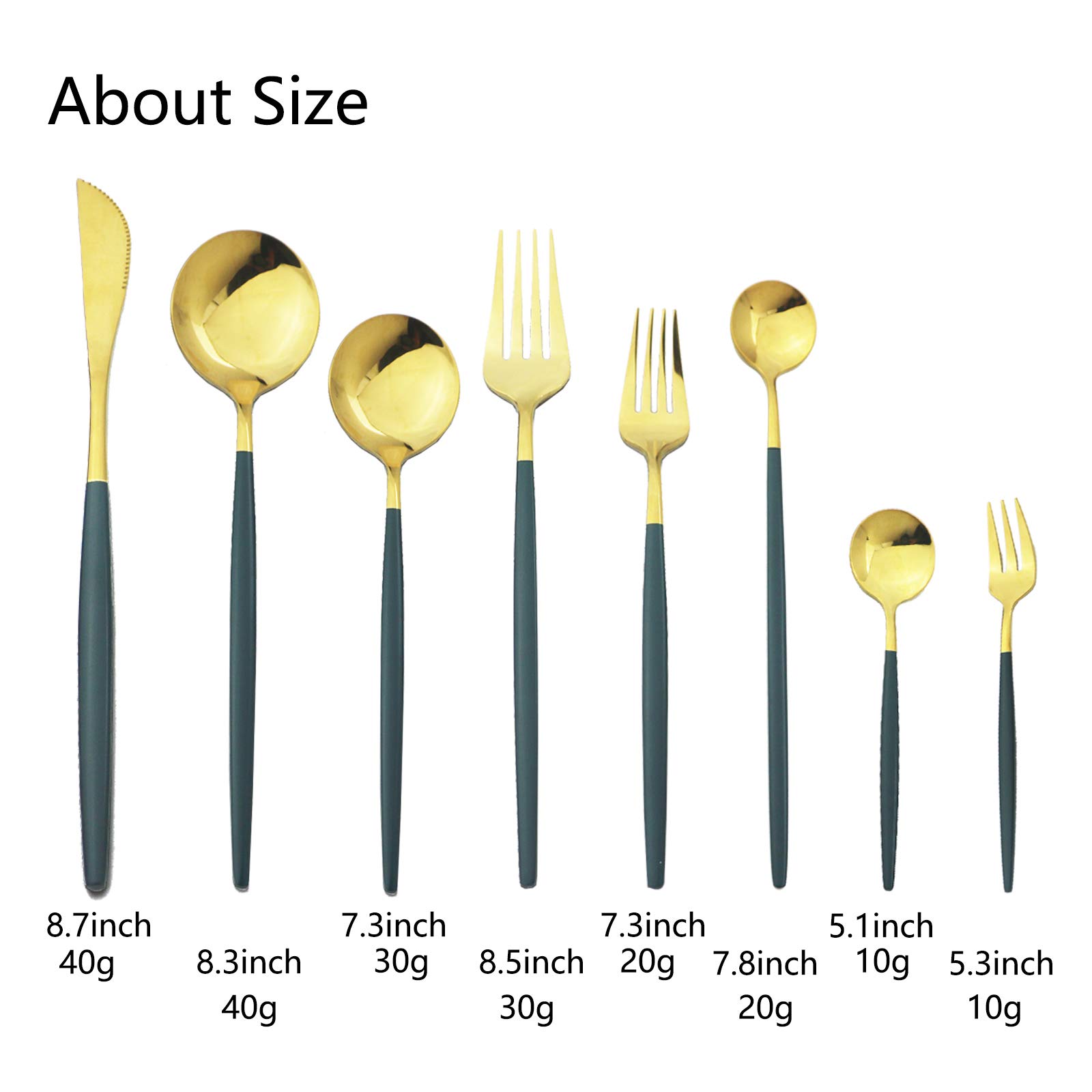 JASHII 32-Piece Stainless Steel Silverware Set - Cake Fork, Long Handle Spoon, Flatware Cutlery Set for 4 - Elegant Green & Gold Tableware - Dishwasher Safe - Perfect for Dinner Parties, Weddings & Fine Dining