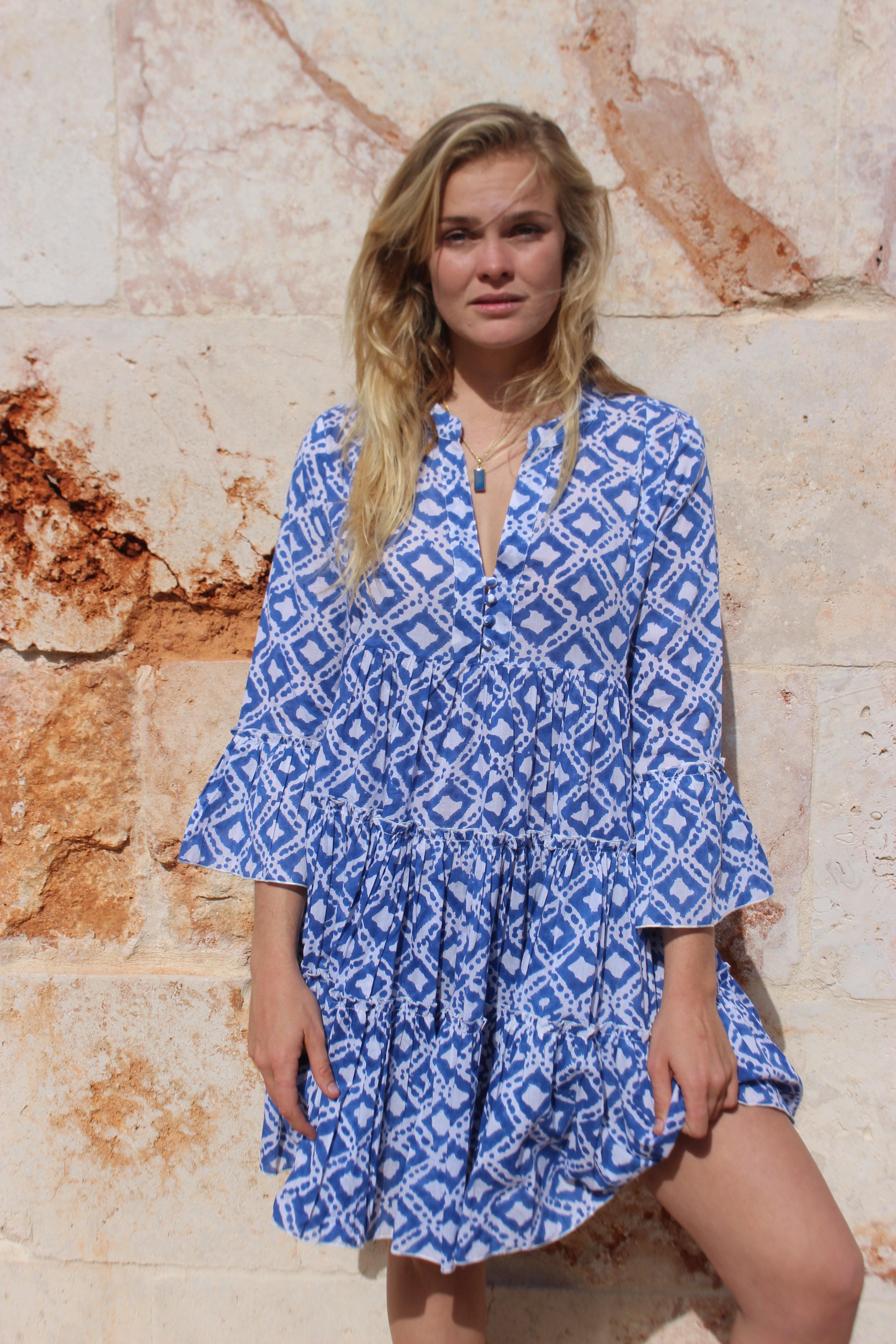 Geo Print Short Sleeve Open Back Dress in White - Perfect for Summer Outings & Beach Vacations