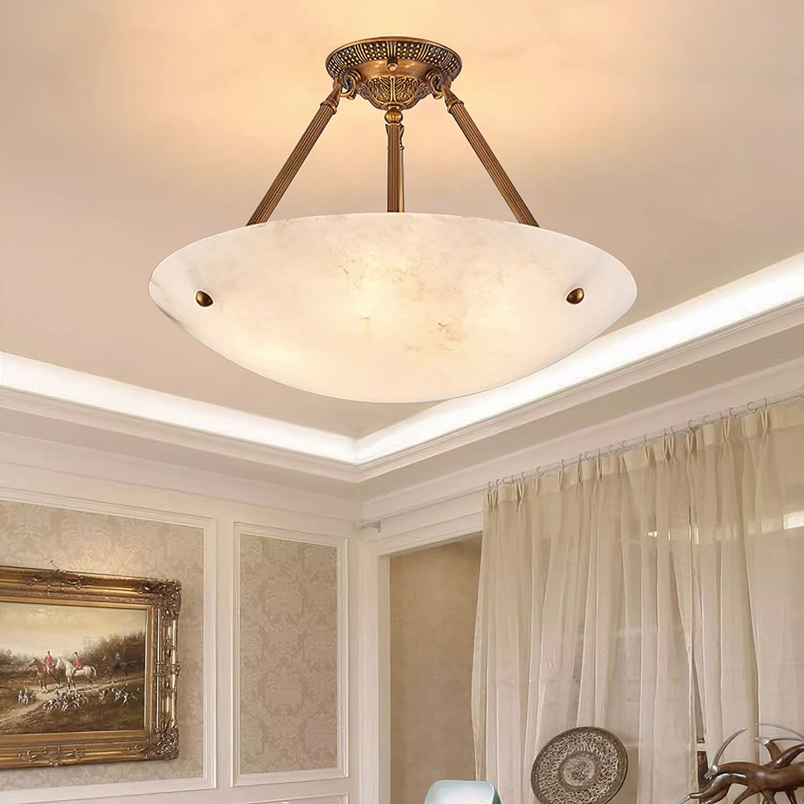 Alabaster Bowl Ceiling Light Fixture - Modern Handcrafted Stone Pendant Lamp for Dining Room, Living Room & Bedroom Lighting