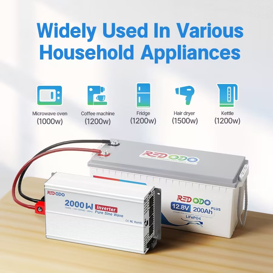 Redodo 2000W Pure Sine Wave Power Inverter - 90% High Efficiency with LCD Display for RV, Truck, Boat & Off-Grid Solar System