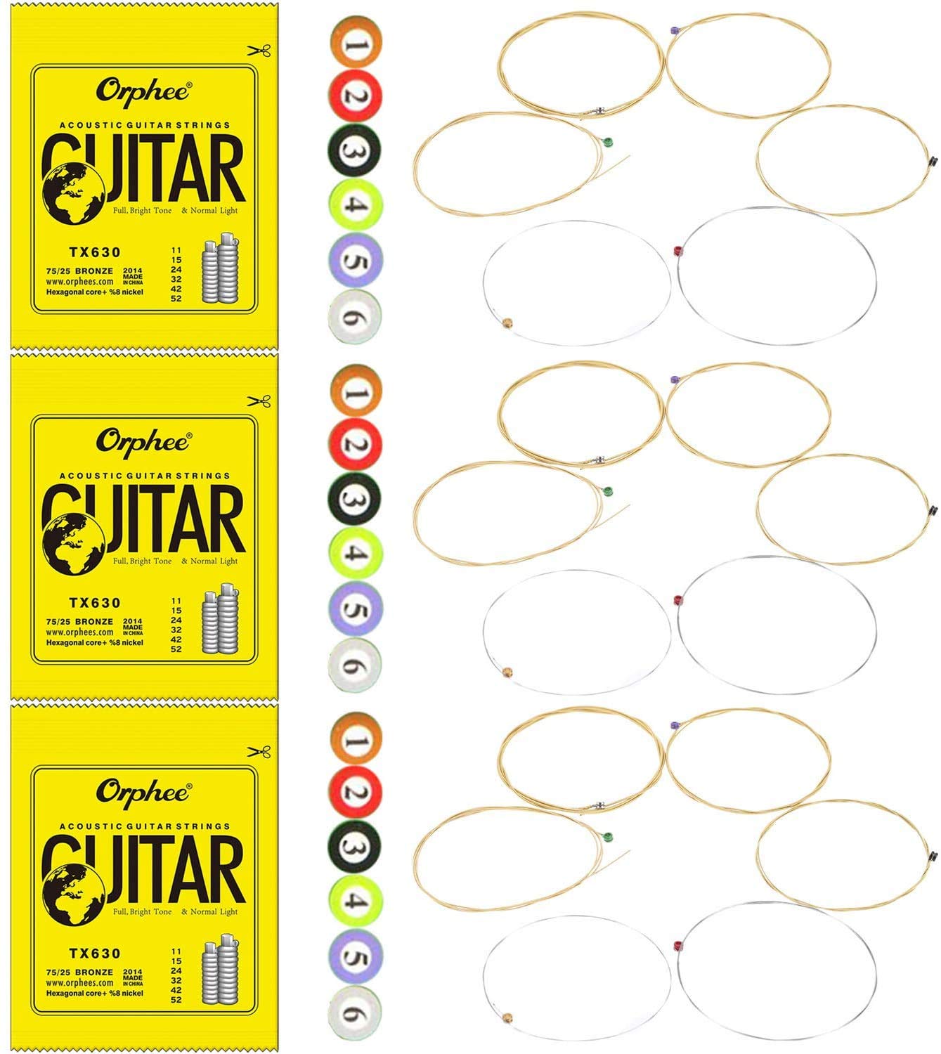 Orphee TX630 Phosphor Bronze Acoustic Guitar Strings 3-Pack - Super Light 11-52 Gauge | Bright Tone & Long-Lasting | Perfect for Beginners, Practice & Live Performances