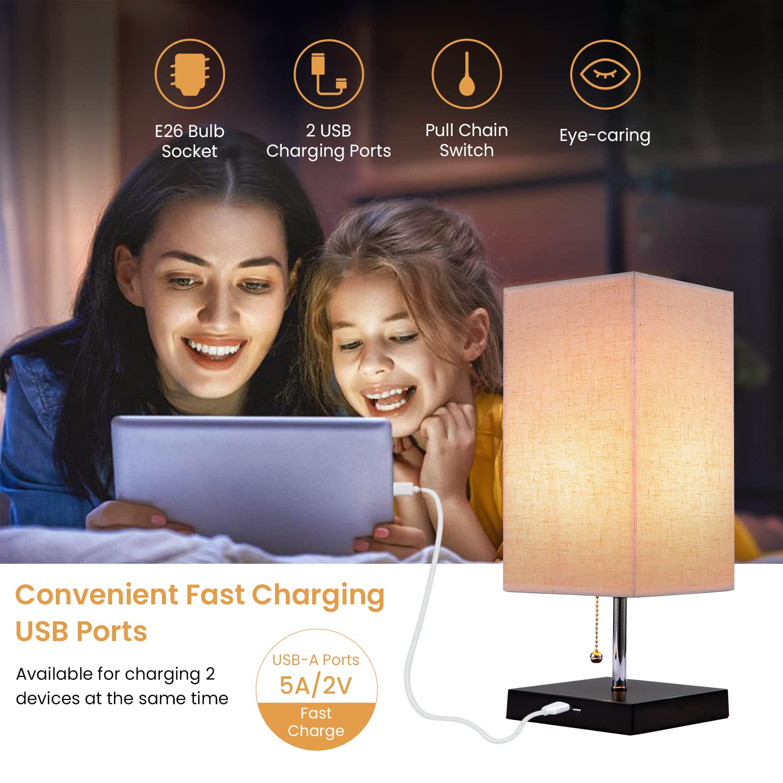 Siljoy Modern Table Lamp with 2 USB Charging Ports - Beige Fabric Lampshade & Black Wooden Base, Pull Chain Switch Nightstand Lamp for Bedroom, Living Room | Perfect for Reading, Working & Charging Devices