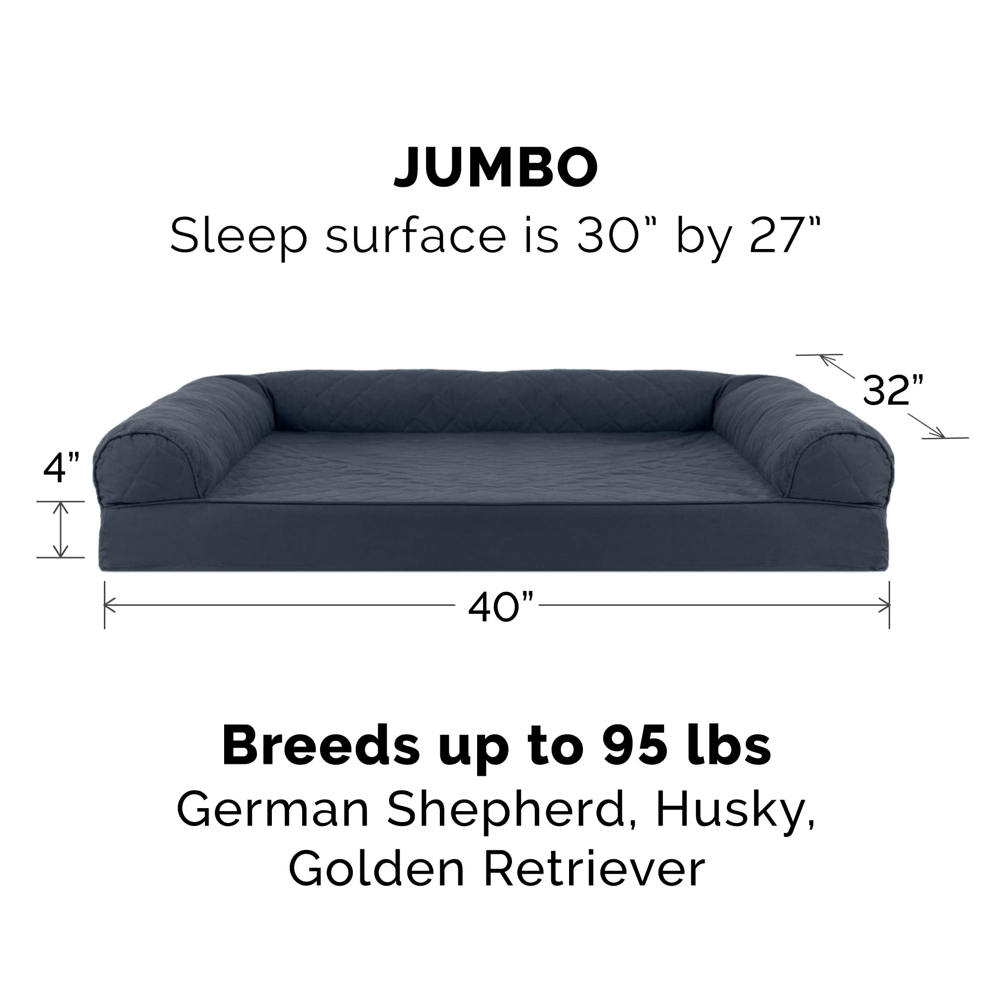**Furhaven Orthopedic Memory Foam Dog Bed for Large Dogs up to 95 lbs - XL Jumbo Size with Removable Bolsters & Machine Washable Cover - Quilted Sofa Design in Iron Gray - Perfect for Living Room, Bedroom, or Pet-Friendly Spaces**