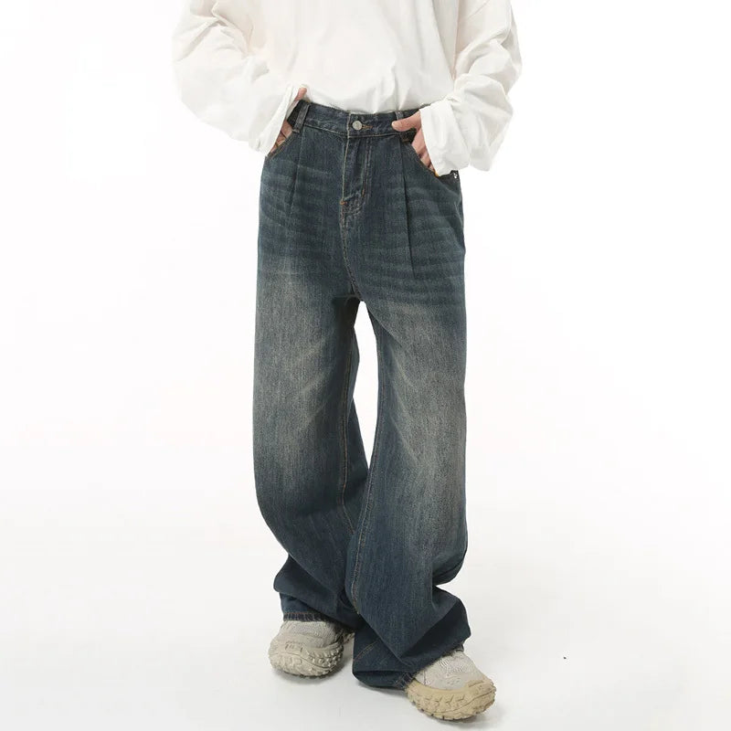 Trendy Men's Baggy Jeans - Korean Style Loose Wide Leg Denim Trousers | Vintage High Waist Casual Pants for Streetwear & Hip Hop Fashion | Perfect for Urban Outfits, Parties, and Everyday Wear (Style 9C1226)