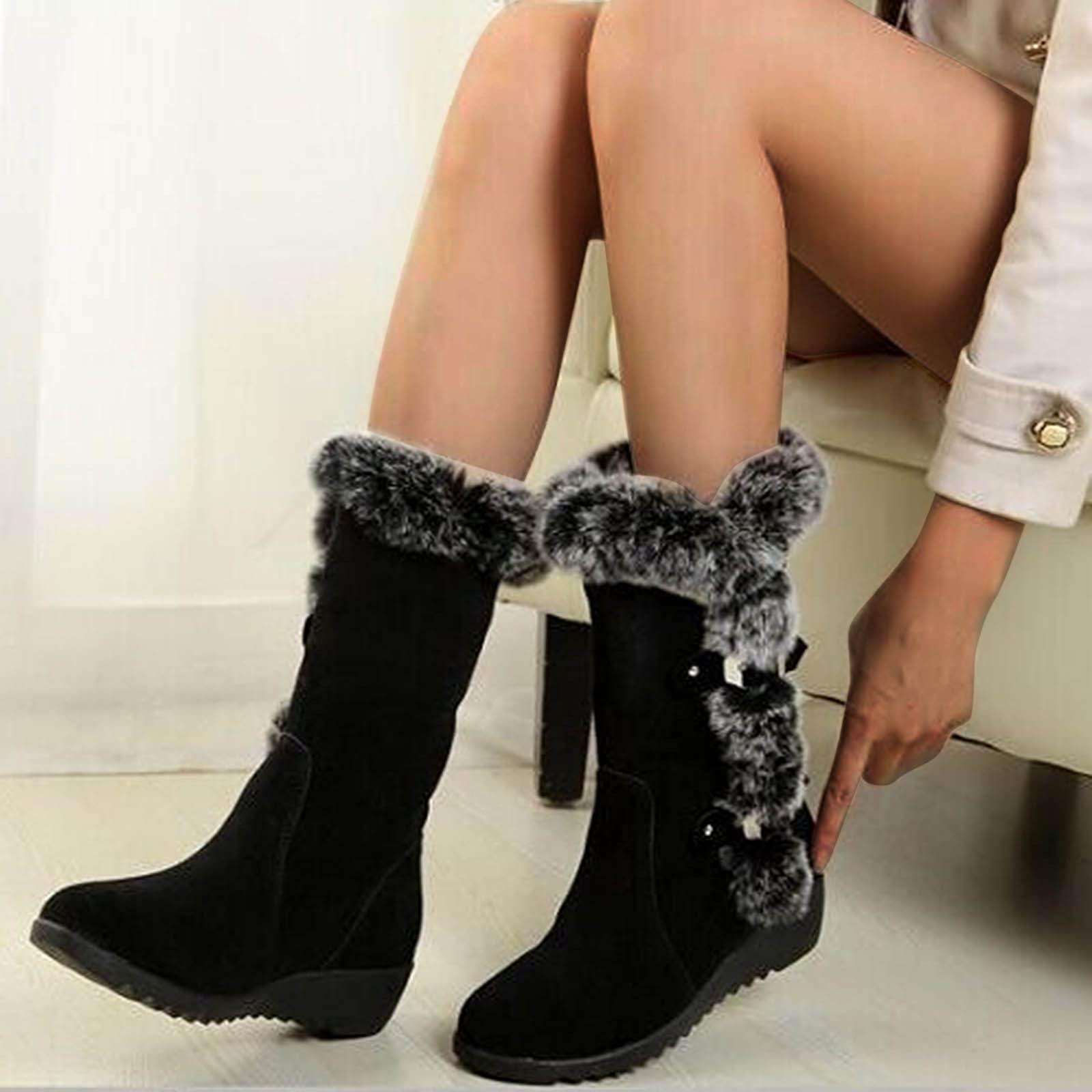 Xbemkste Women's Winter Boots - Warm Fleece Lined Fashion Boots with Wedge Heel, Cotton Buckle & Winter Belt - Cozy Furry Boots for Snow, Cold Weather & Outdoor Activities