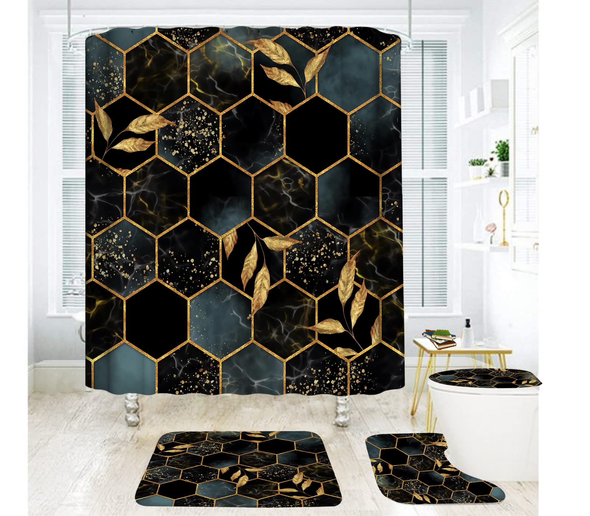 Mightree Marble Shower Curtain Set of 4 - Waterproof Bathroom Curtain with 12 Hooks, Toilet Lid Cover & Non-Slip Bath Mat - Black Gold Geometric Design for Modern Bathrooms - Perfect for Home, Hotel, and Spa Decor