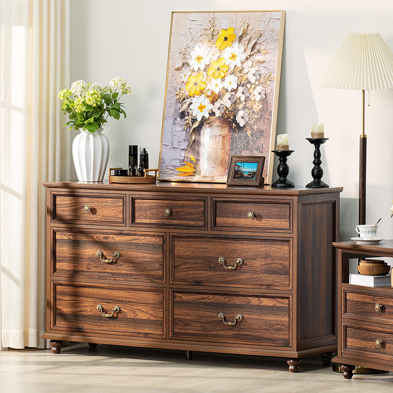 Farmhouse Dresser and Nightstand Set - 3 Piece Bedroom Furniture with 7-Drawer Dresser (54