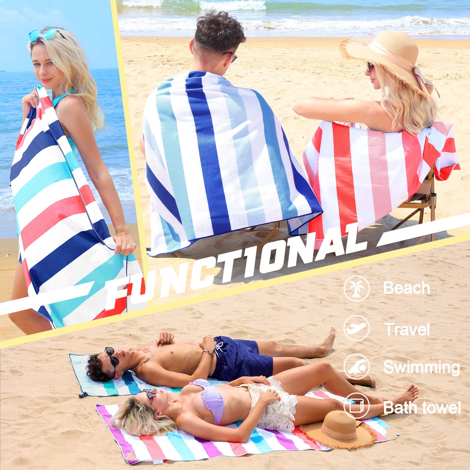 Premium 6-Pack Large Microfiber Quick-Dry Beach Towels - Lightweight, Sand-Free, Cabana Stripe Design for Pool, Travel & Camping - Includes Carry Bag (30x60 Inches, Multi-Color) | Perfect for Beach Outings, Gym, Yoga & Outdoor Adventures