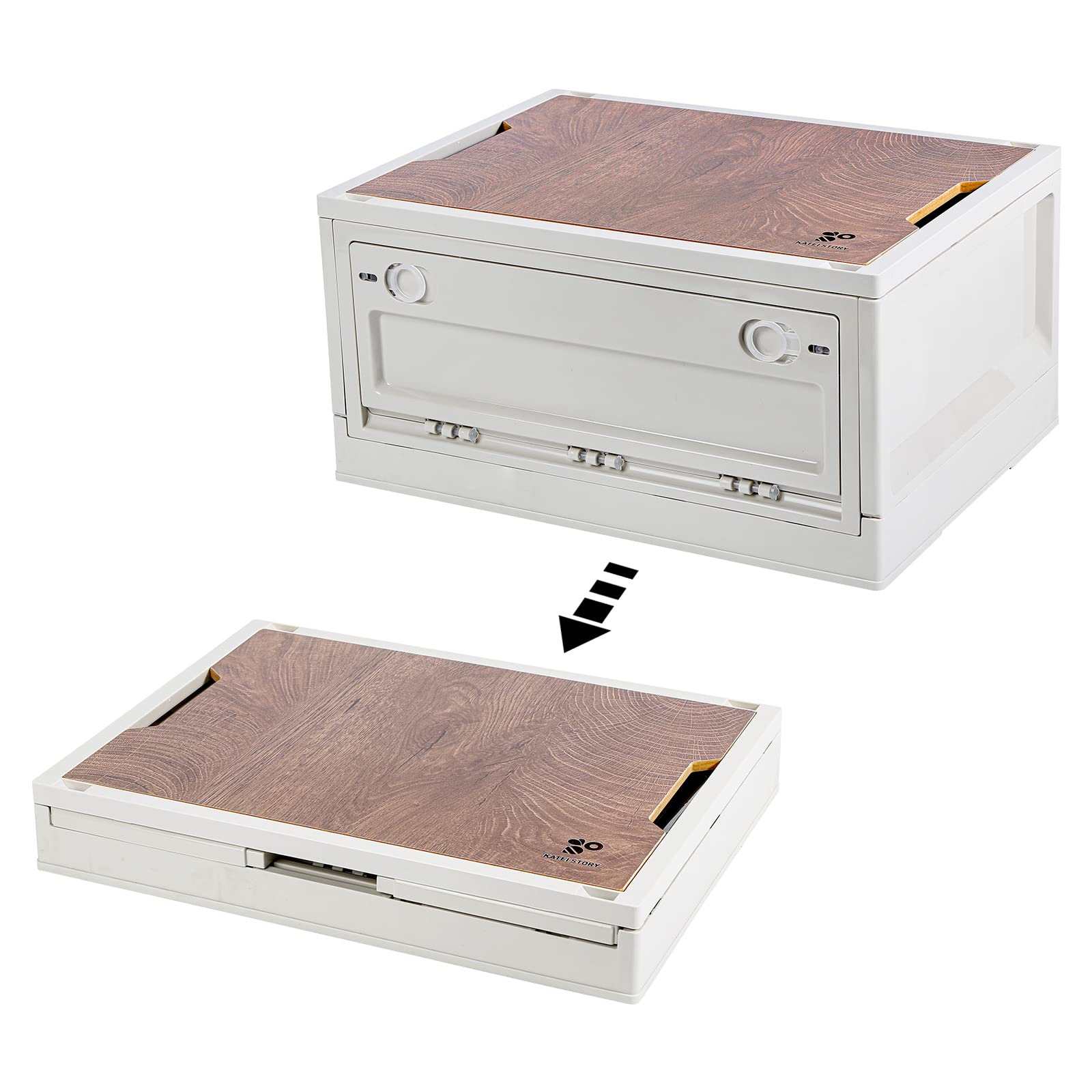 KATEI STORY Collapsible Storage Bin with Wood Lids - Foldable Storage Box for Camping, Car Organization & Home Decluttering (42L Side Opening) | Perfect for Outdoor Gear, Vehicle Storage & Closet Organization