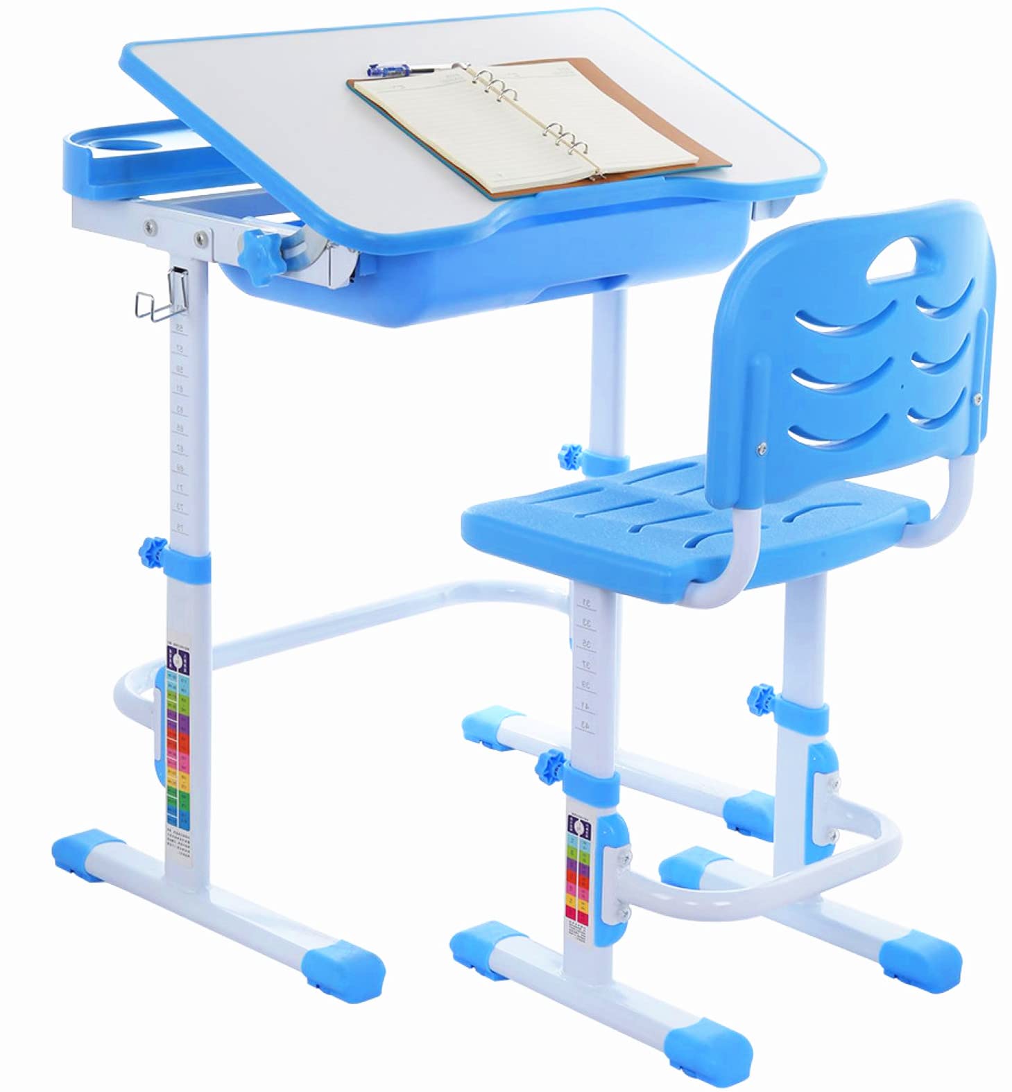 TEEGUI Adjustable Kids Desk and Chair Set - Ergonomic Study Desk for Children with 40° Tilt Desktop, Pull-Out Drawer & Metal Hook - Perfect for Homeschooling, Online Learning & Homework Station