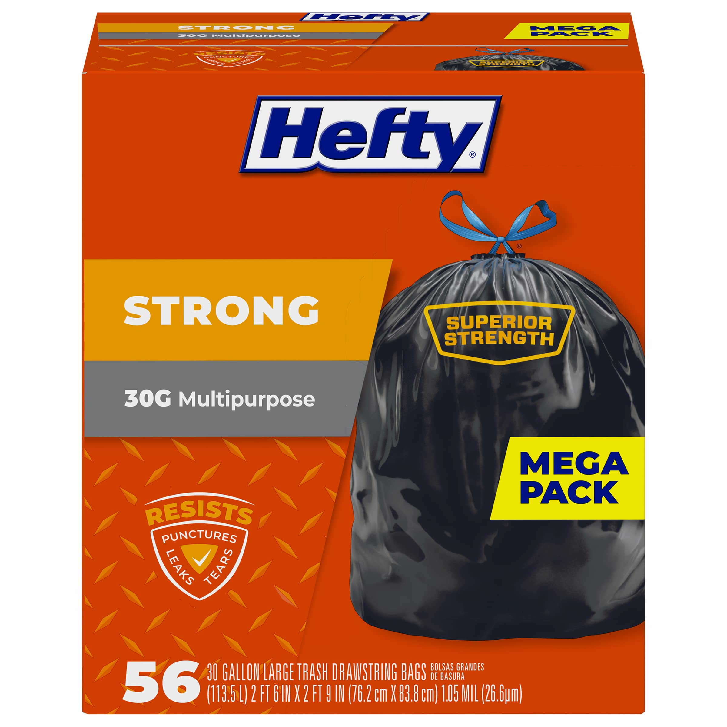 Hefty Strong 30 Gallon Trash Bags - 56 Count | Extra Thick & Durable Drawstring Garbage Bags | Puncture, Leak & Tear Resistant | Black Unscented | Perfect for Kitchen, Office & Outdoor Use