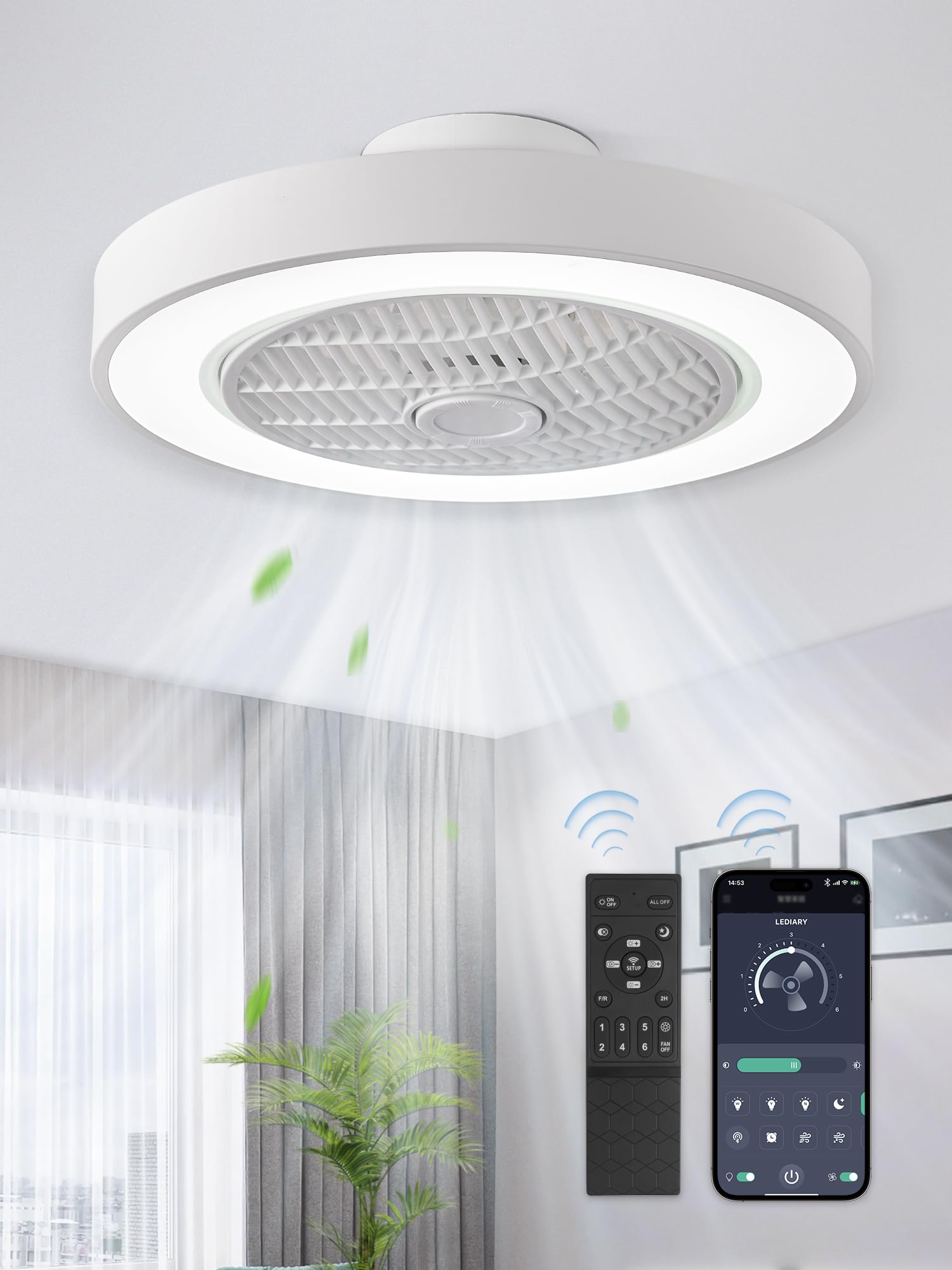LEDIARY 20 Inch Low Profile Ceiling Fan With Light - Remote Control LED Bladeless Flush Mount Fan, 3000-6000K Color Temperature, 6 Speed Settings, 3000LM Brightness, 57W Energy Efficient (White) - Perfect for Bedroom, Living Room, and Office Spaces