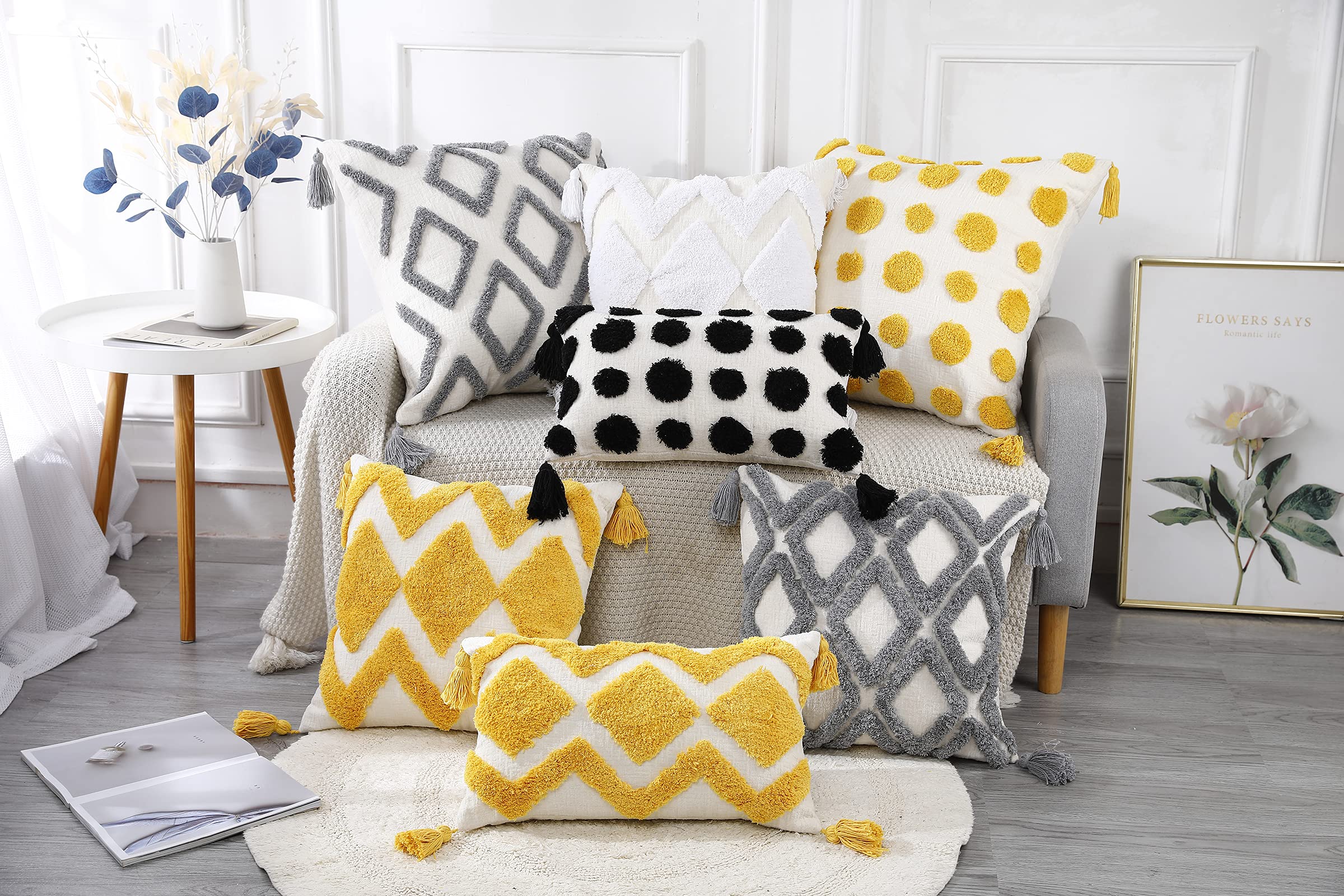 PANOD Super Soft Farmhouse Decorative Plush Throw Pillow Covers 24x24 Inches - Black Solid Pom Pom Tufted with Tassels, Modern Boho Square Cushion Cover for Couch, Sofa & Bed - Perfect for Living Room, Bedroom Decor & Cozy Home Accents