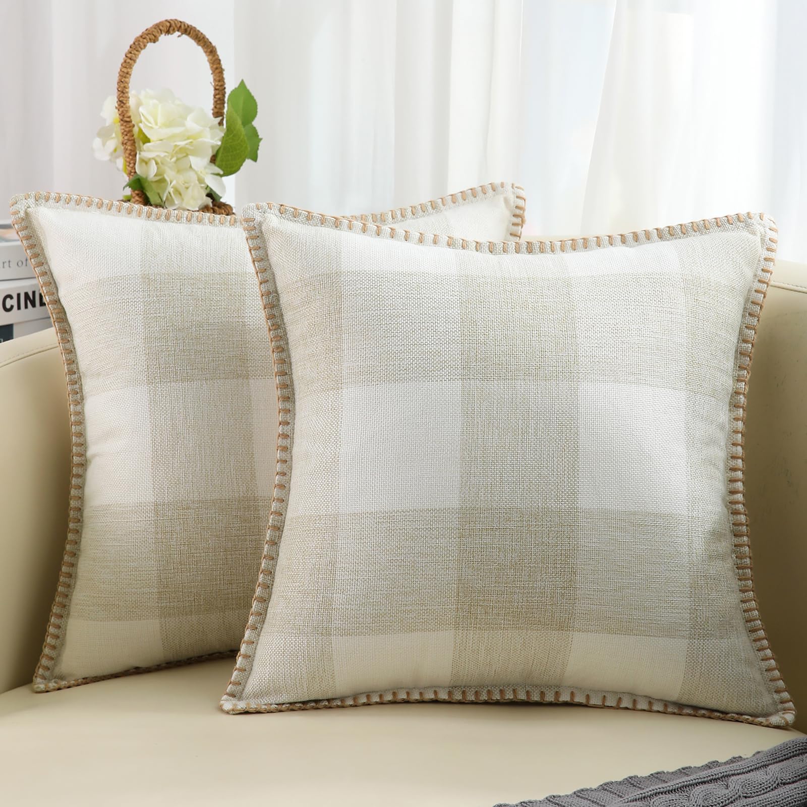 Buffalo Plaid Check Spring Throw Pillow Covers 20x20 Set of 2 - Farmhouse Decorative Pillow Cases with Stitched Edge for Couch, Sofa & Bed - Cream White & Beige - Perfect for Living Room, Porch & Seasonal Home Decor
