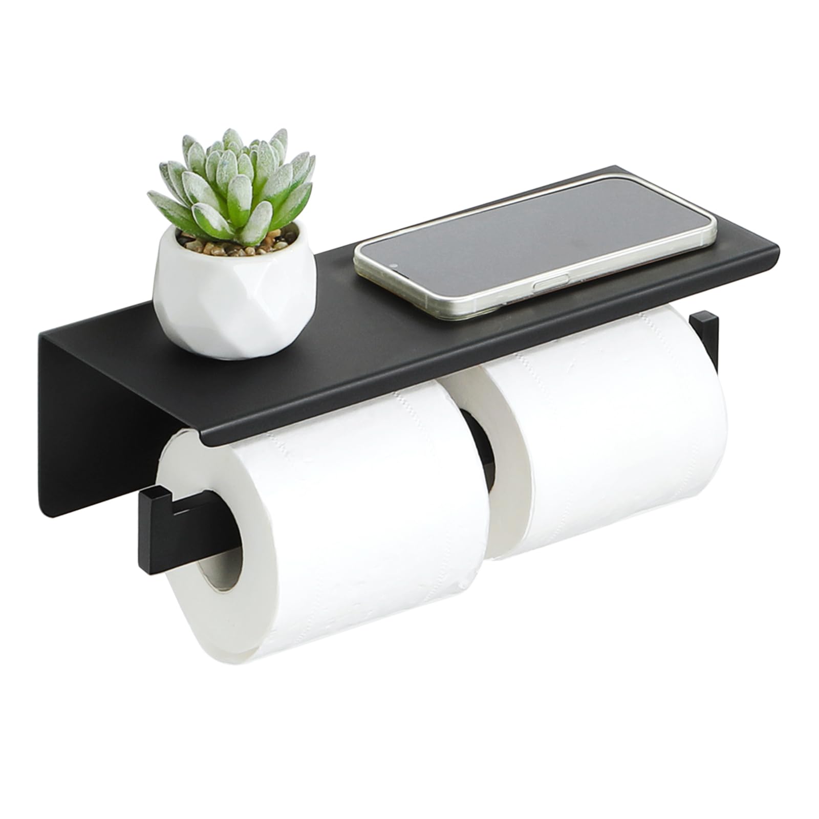 Stainless Steel Toilet Paper Holder with Shelf - SUS304 Bathroom Tissue Roll Dispenser, Wall Mount or Adhesive Installation, Matte Black - Perfect for Modern Bathrooms, Powder Rooms & RVs